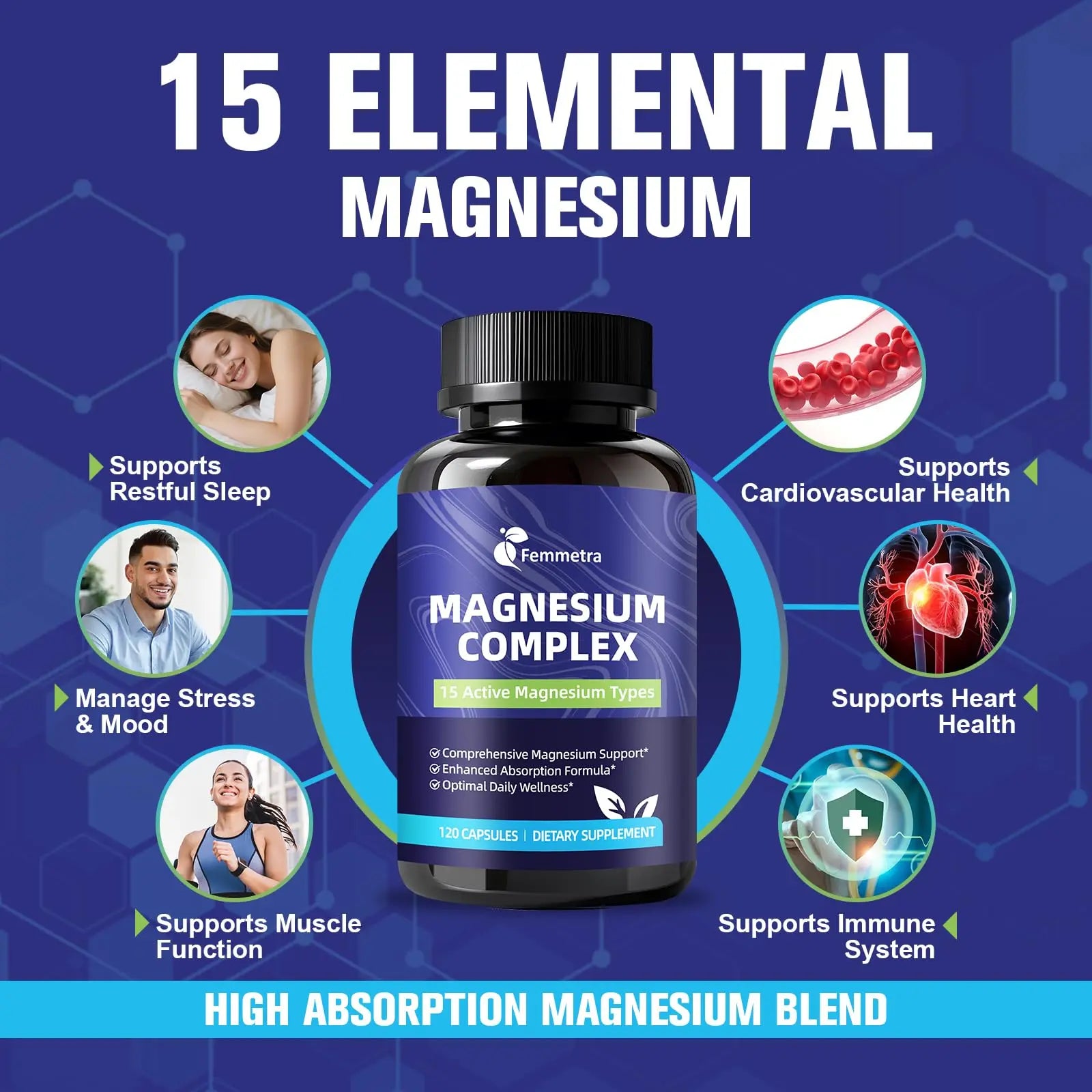 Magnesium Complex for Women Men 1350mg 15 in 1 Pure Magnesium Supplement, with High Absorption Chelated Magnesium Glycinate Citrate Malate & More for Muscle, Heart, Sleep & Bone Support, Vegan 60 Days Femmetranz supplements