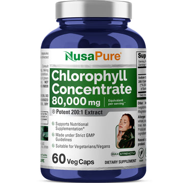 NusaPure Chlorophyll 200:1 Extract, 400 mg Equivalent to 80,000mg 60 Veggie Caps (Equivalent 80000mg per Serving, Non-GMO, Vegan) Sodium Copper Chlorophyllin NusaPureAu supplements
