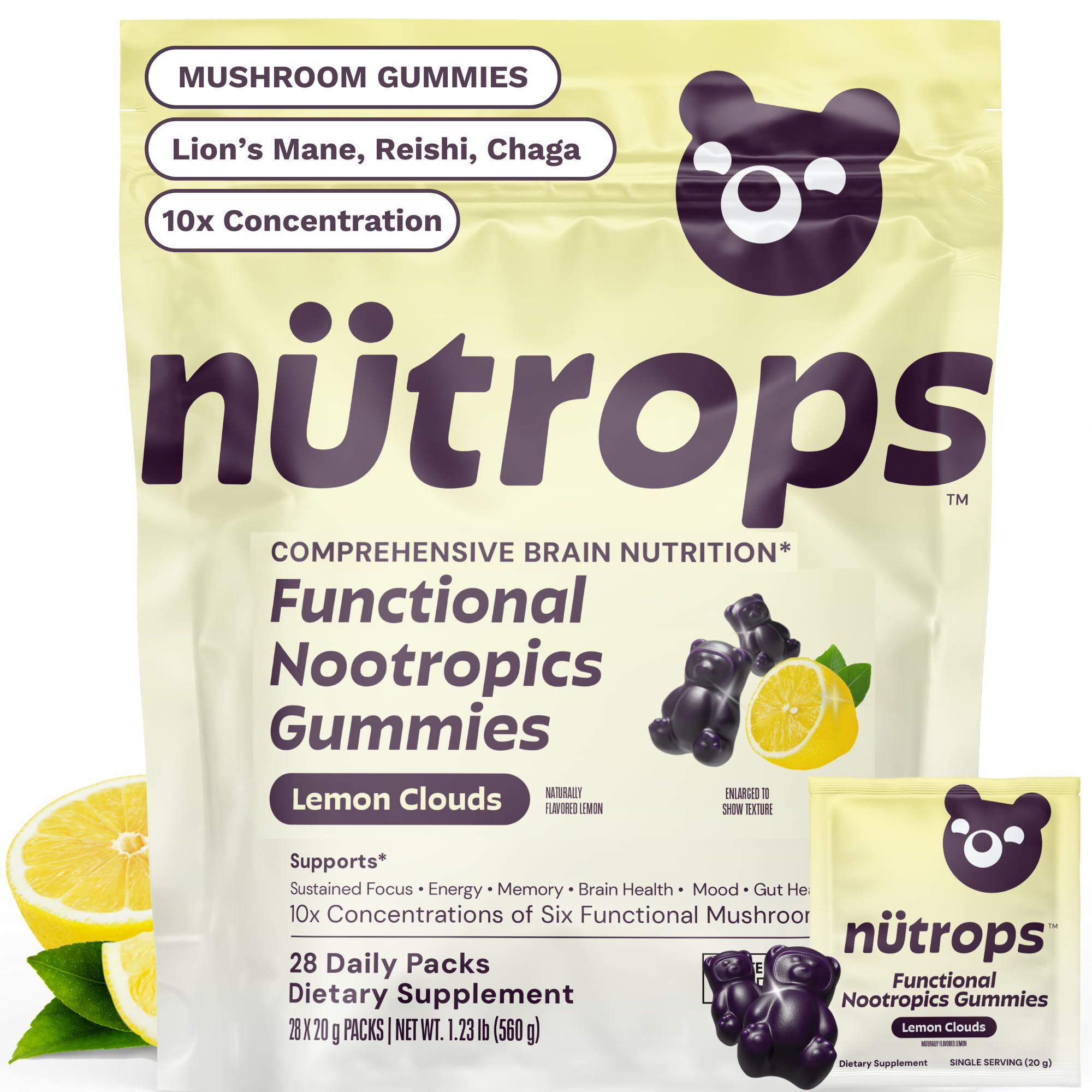 Nutrops Lions Mane Mushroom Gummies for adults, Functional Nootropics, Herbal Brain Supplement for Energy, Brain Health, Cognitive, Memory & Focus, Reishi, Chaga, Cordyceps, Coriolus, 28 daily Packs GrünsAu supplements