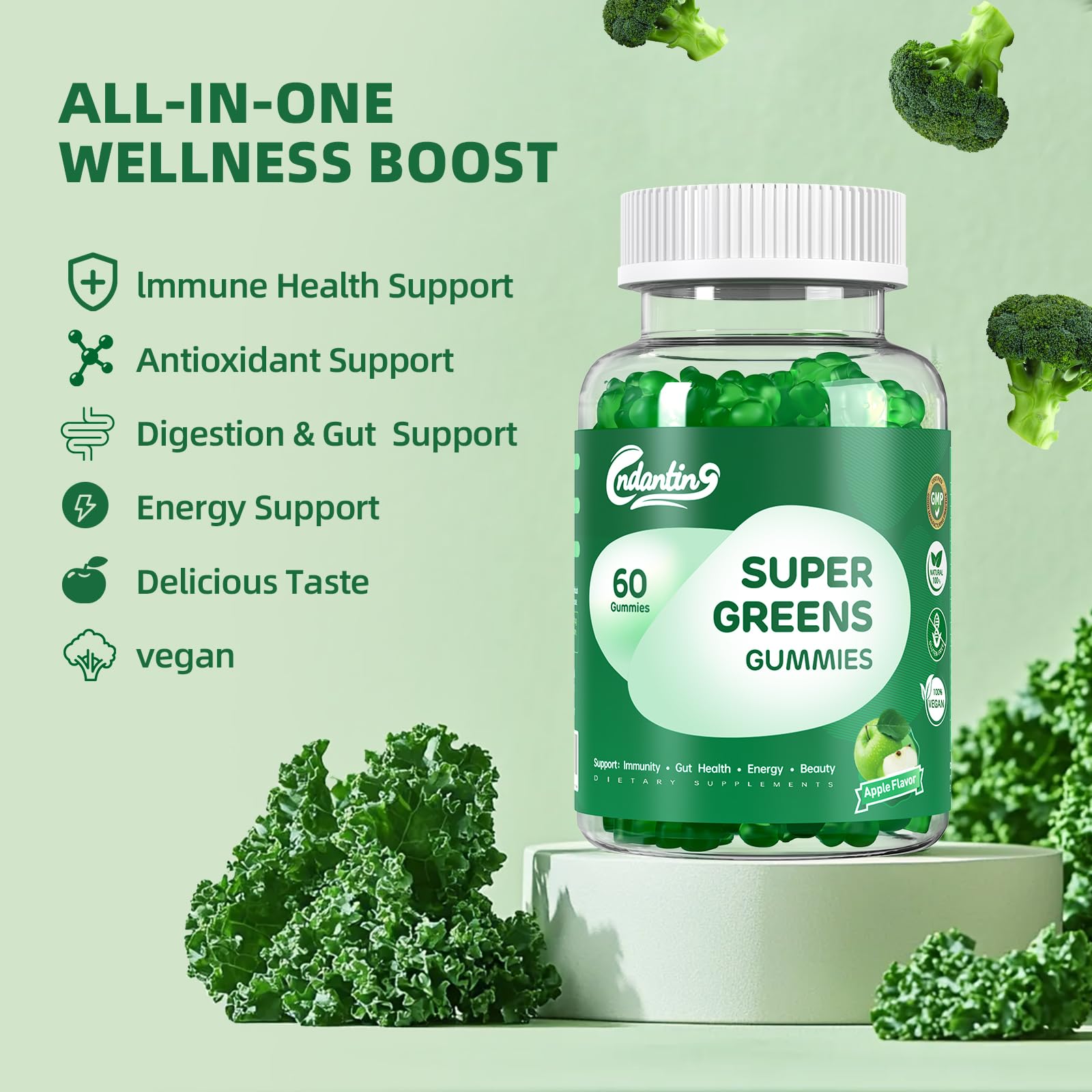 Multivitamin Super Greens Gummies - Daily Vegan Gummy Vitamins for Women, Apple Flavor | Organic Blend with Vitamin C, Turmeric, Zinc, Immune Support, Energy Booster, Metabolism | 60 Count CNDANTINGAu supplements