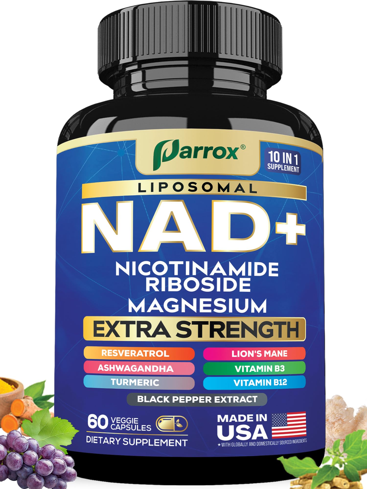 Parrox NAD+ Supplement with Liposomal NAD+, Nicotinamide Riboside, Magnesium, Vitamin B3 & B12, Resveratrol, Turmeric, Ashwagandha, Lion’s Mane,10-in-1 Extra Strength ParroxAu supplements