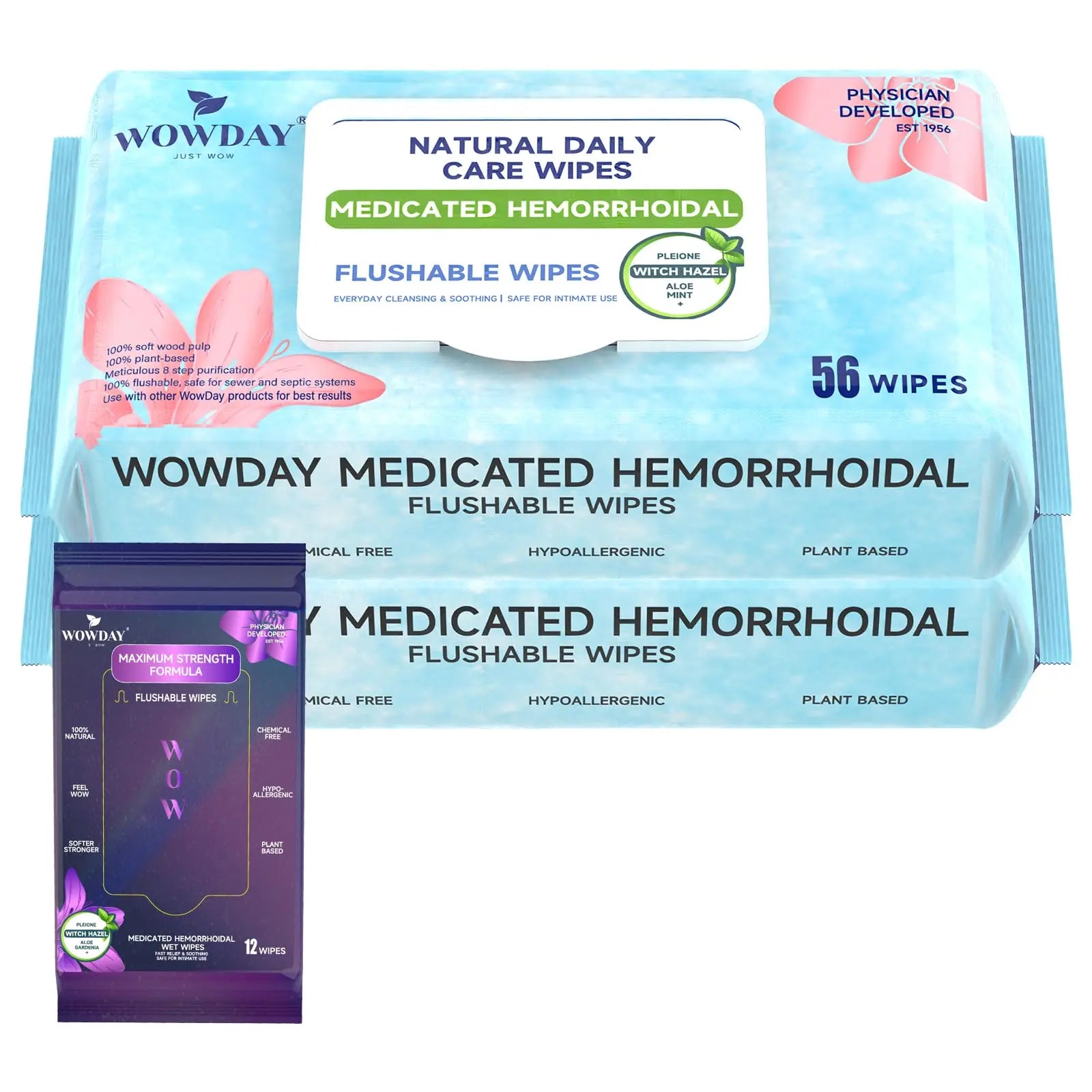 Wowday Flushable Hemorrhoid Wipes | Medicated Witch Hazel Wipes Ph Balanced | 112 Count Natural Fragrance Free Adult Hemorrhoids Witch Hazel Wipe for Butt Itch WowDayAu supplements