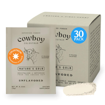 COWBOY COLOSTRUM Powder Travel Packs - Bovine Colostrum Powder - First Day Milking Whole Colostrum - Grass Fed Colostrum Supplement for Gut Health, Immunity, Skin & Hair (Unflavored, 30 Servings) COWBOY COLOSTRUMAu supplements