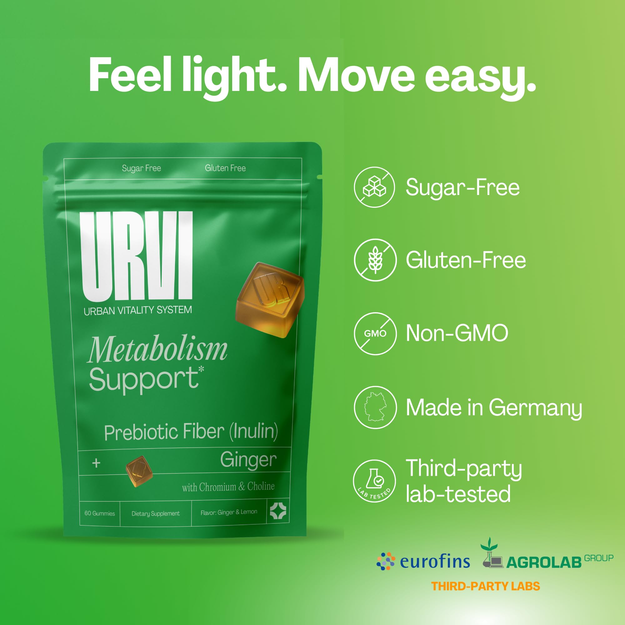 URVI® Metabolism Support Gummies 4-in-1 – Chromium Picolinate, Choline, Inulin & Ginger Extract - Prebiotic Fiber & Minerals – Gut Health & Digestive Support – Sugar-Free – Ginger-Lemon Flavor, 60pcs URVIAu supplements