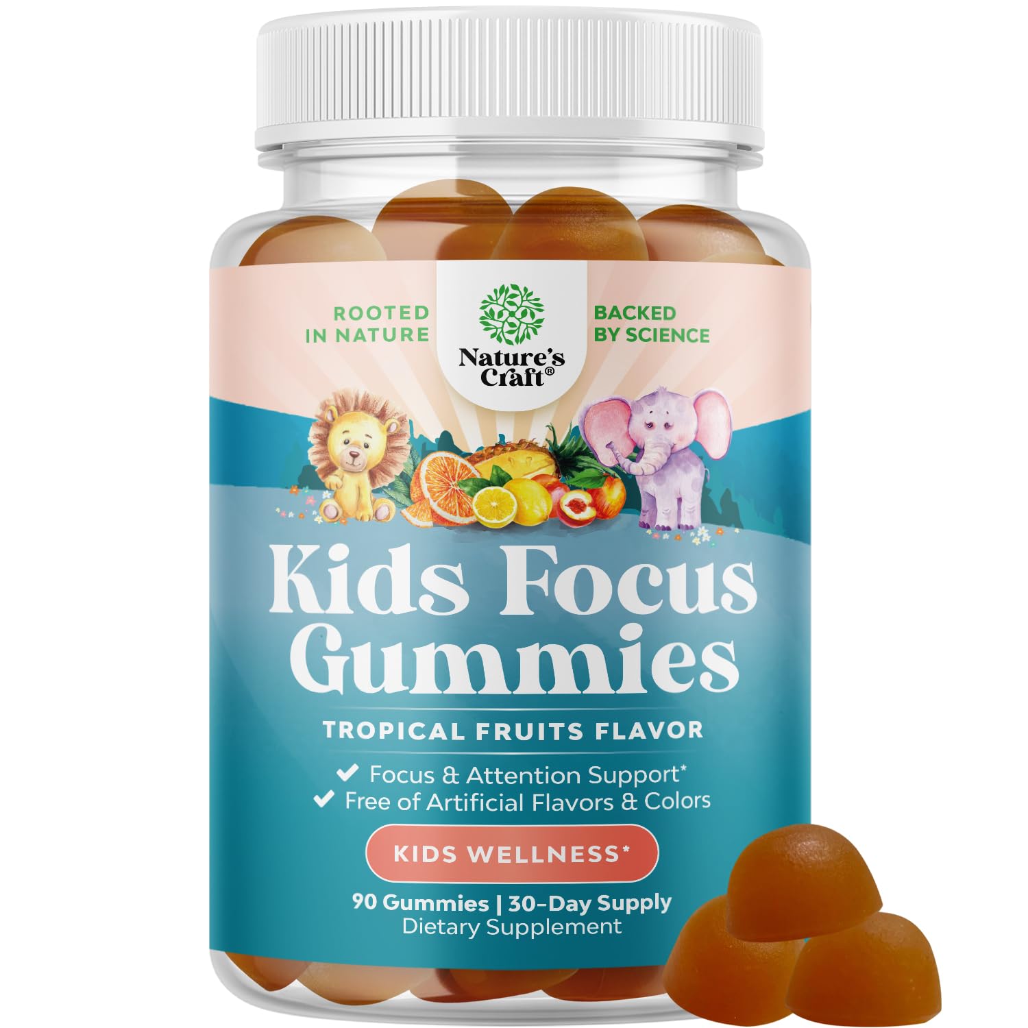 Kids Focus Gummies - Nootropics Brain Support Supplement for Kids with Green Tea Extract, B6 & B12 Vitamins for Memory and Brain Focus - Herbal Concentration Chews for Children - 90 Count Natures CraftAu supplements