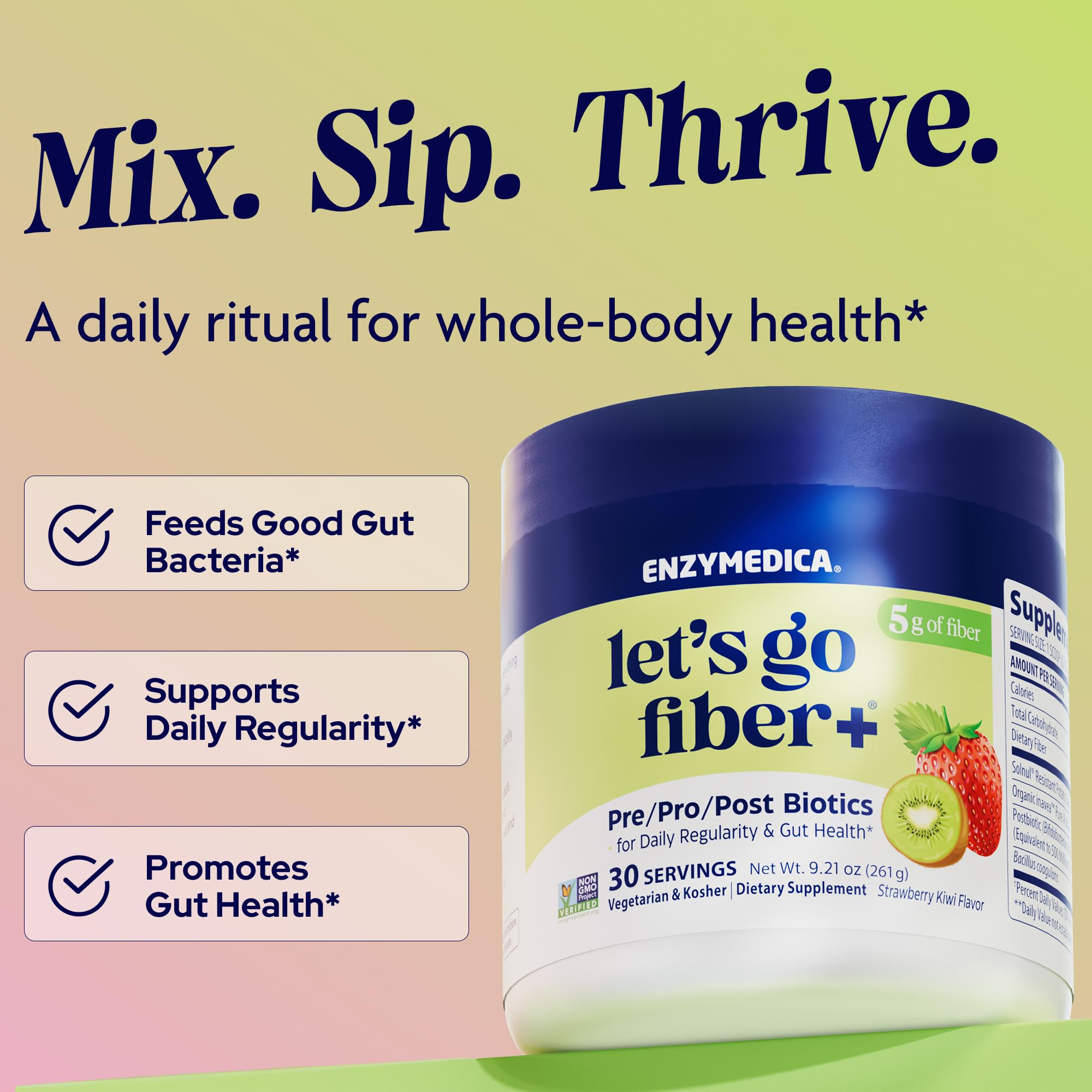 Enzymedica, Let’s Go Fiber+ Strawberry & Kiwi, Prebiotics & Probiotics, Postbiotic, Soluble Fiber for Gut Health, Regularity, Powder for Men & Women, Sugar-Free, 30 Servings EnzymedicaAu supplements