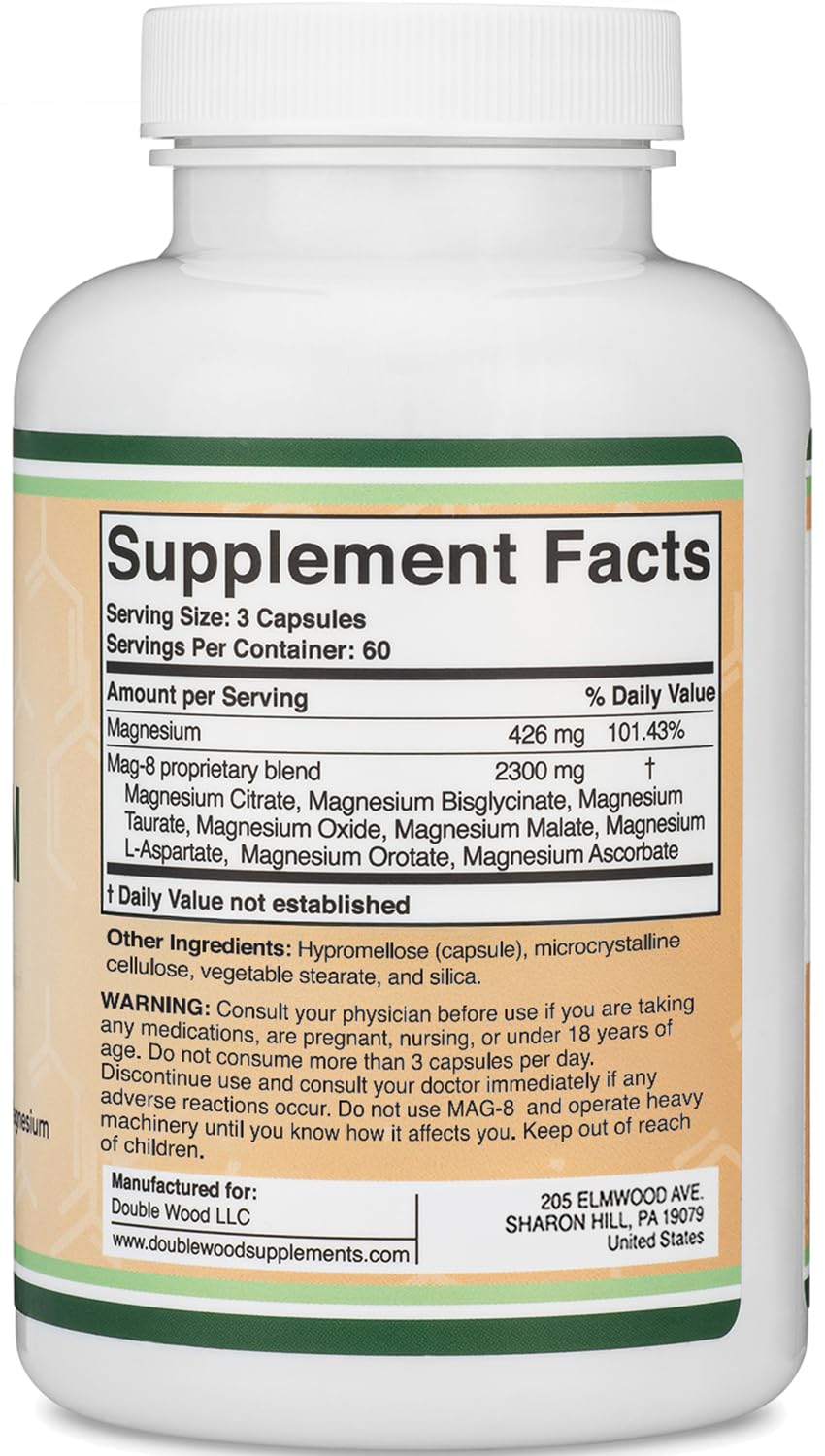 Magnesium Complex Supplement 180 Capsules (426mg Elemental Magnesium Provided by 2,300mg of Eight Different Forms of Magnesium) MAG-8 Provides 100% Daily Recommended Value of Magnesium by Double Wood Double Wood SupplementsAu supplements