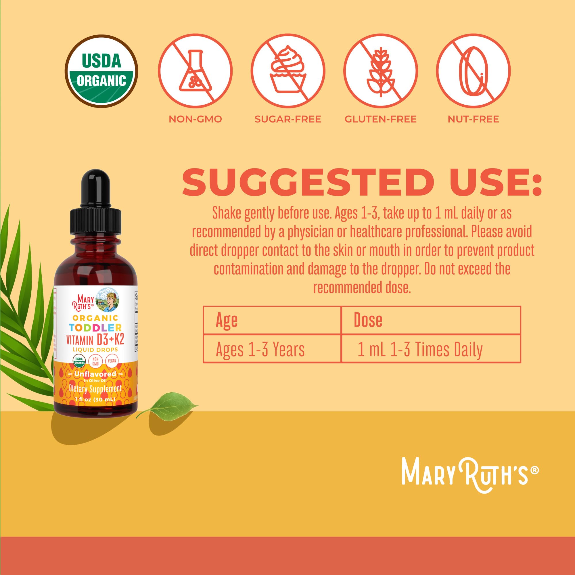 MaryRuth Organics Vitamin D3 | Vitamin K2 | Vitamin D3 K2 Drops | K2 D3 Vitamin Liquid Supplement for Toddlers | Kids Supplement for Calcium Absorption Strong Bones | Vegan | Gluten Free | 1 Fl Oz MARYRUTH'SUS supplements