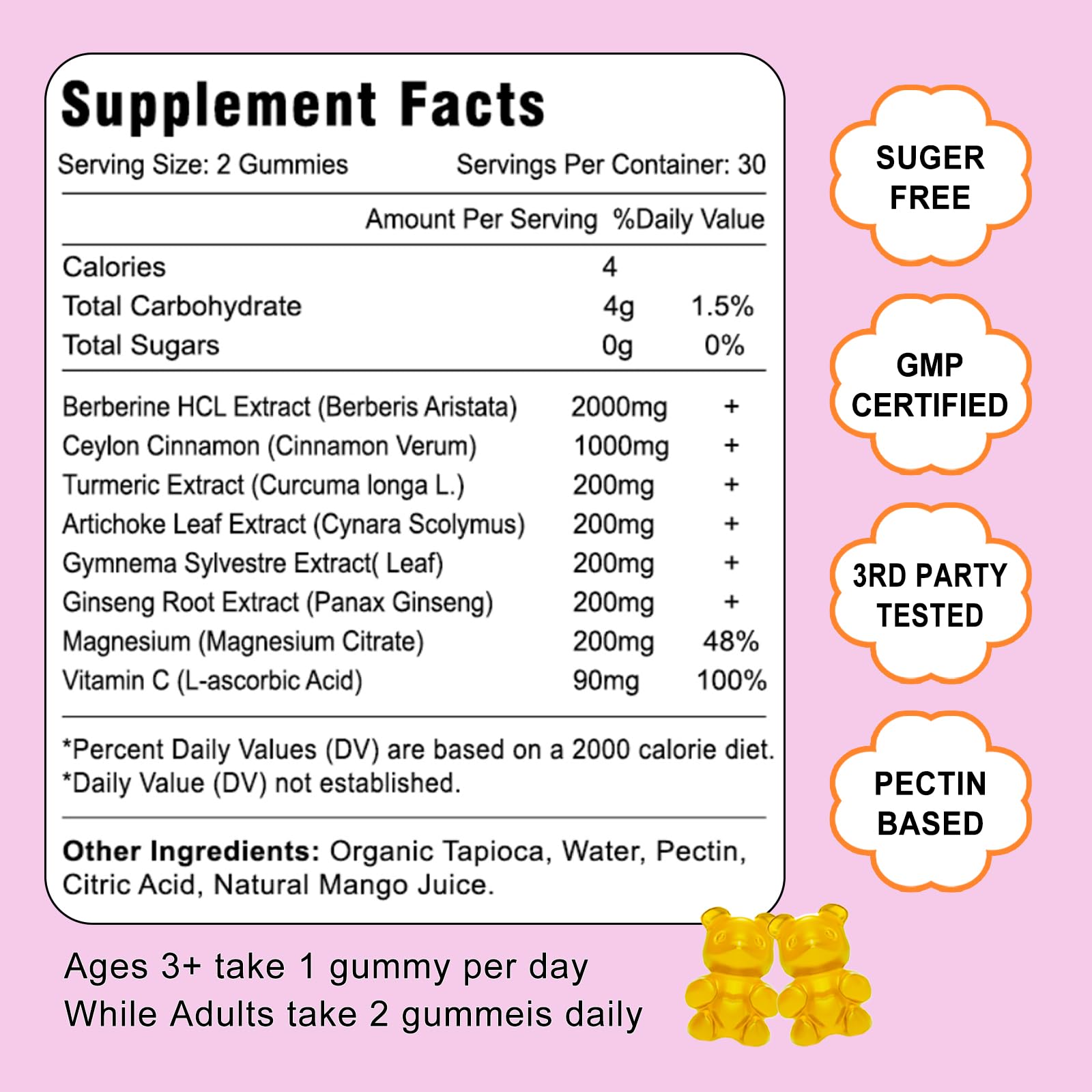 2 Pack Berberine with Ceylon Cinnamon Gummies, 2000mg High Potency Berberine HCI VZOXAINSUS supplements