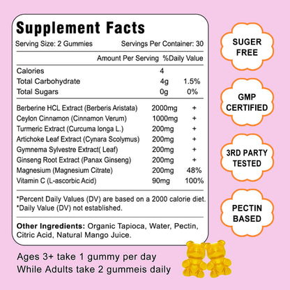 2 Pack Berberine with Ceylon Cinnamon Gummies, 2000mg High Potency Berberine HCI VZOXAINSUS supplements