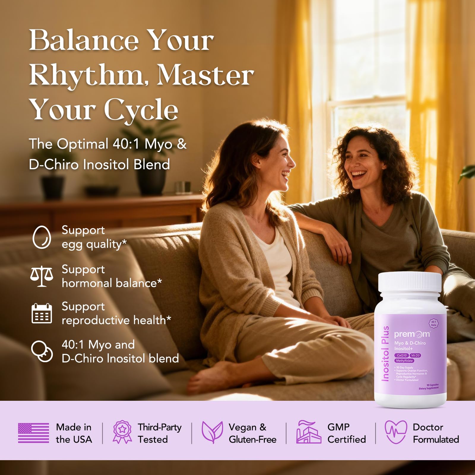 Premom Inositol Plus - 2000mg Myo-Inositol & 50mg D-Chiro Inositol, CoQ10, Folate & Vitamin D3-40:1 Ratio - Supports Hormonal Balance, Ovarian & Reproductive Health - 30 Day Supply PremomAu supplements