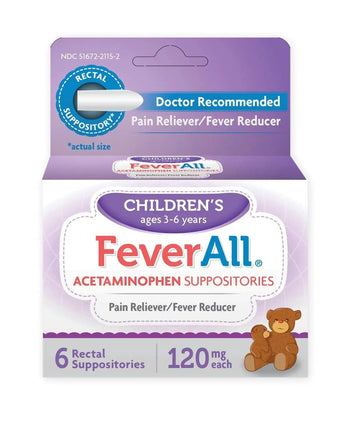 Feverall Infant Acetaminophen Suppositories 6 Rectal Suppositories 120 mg Each Pain Reliever/Fever Reducer. Paraben Free, No Artificial Colors or Other preservatives. Ages 3-6 Years FeverallAu supplements