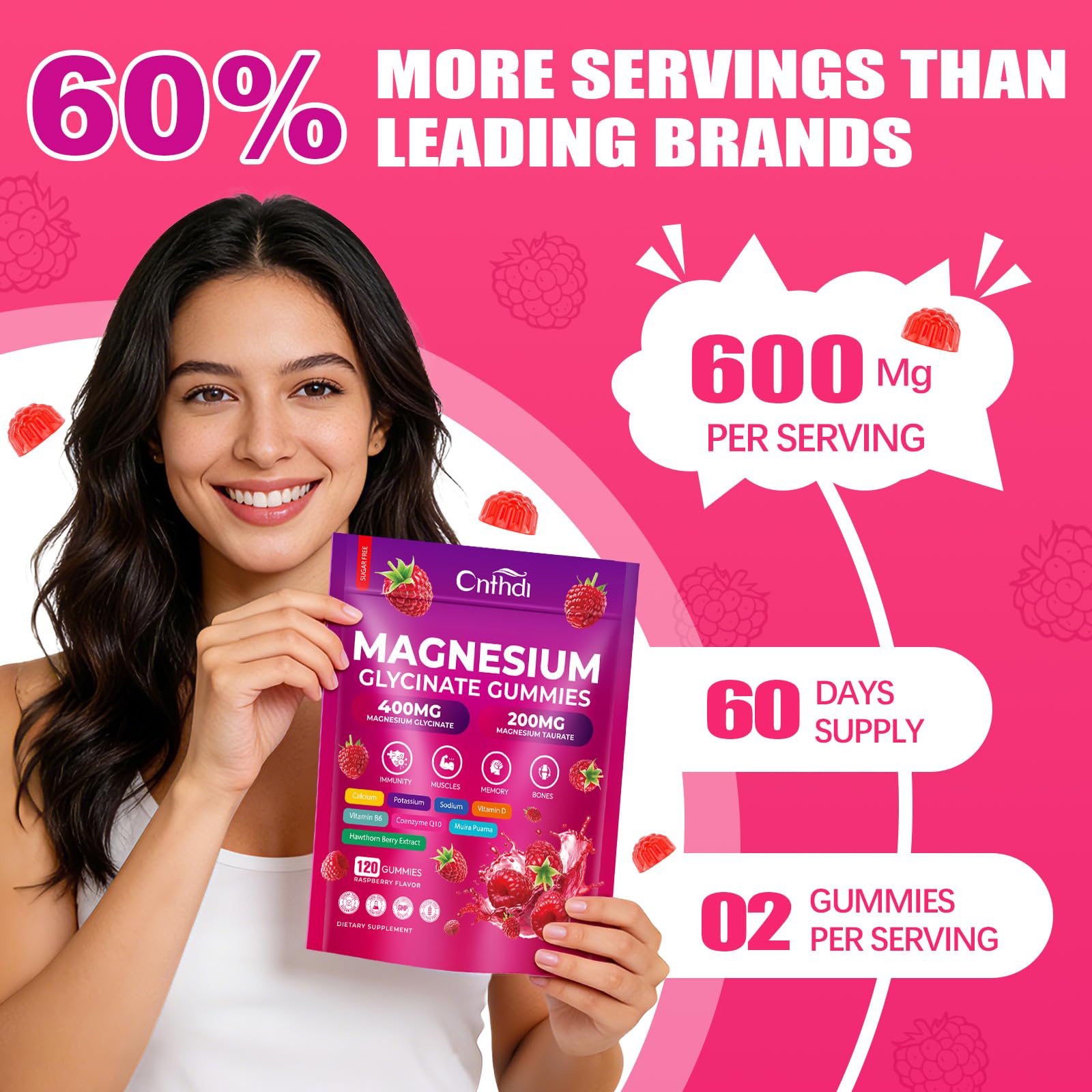 CNFHDI Magnesium Glycinate Gummies 600mg, 120 Counts Chews Sugar Free Magnesium Gummies for Adults & Kids with Calcium, Zinc & CQ10, Potassium Supplements for Zzz, Brain, Muscle & Relax CNFHDIAu supplements