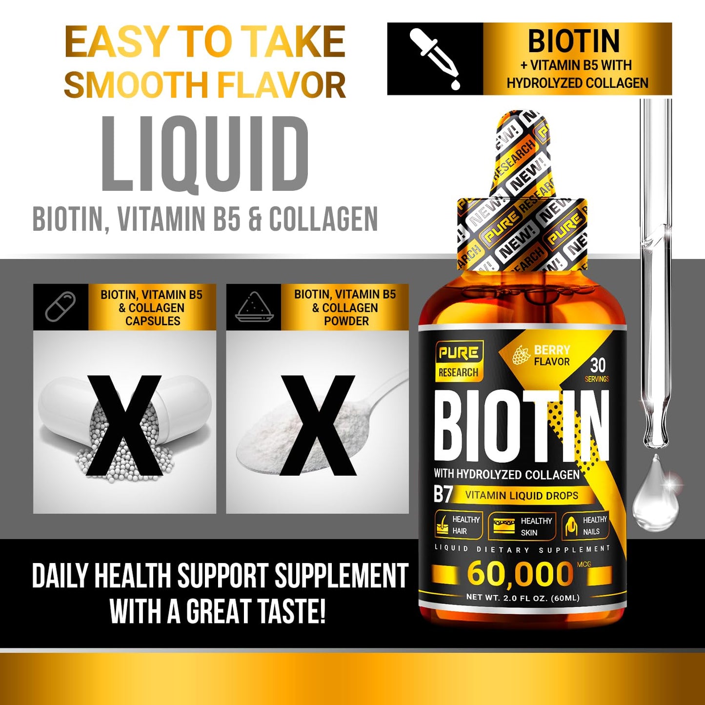 PURE RESEARCH Liquid Biotin & Collagen Hair Growth Drops 60,000mcg – Biotin and Liquid Collagen Supplements for Women & Men – Supports Glowing Skin PURE RESEARCHUS supplements