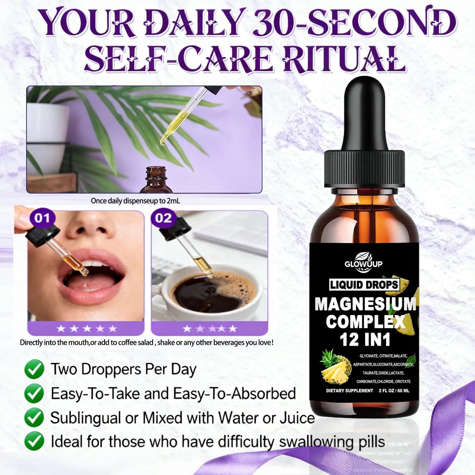 Magnesium 12 in 1 Complex 1000mg Supplement for Women & Men, High Absorption Liquid Magnesium W/Glycinate Citrate Malate Taurate Oxide Aspartate Orotate, Calm Magnesium for Sleep Muscle Heart Support GLOVVUUPnz supplements
