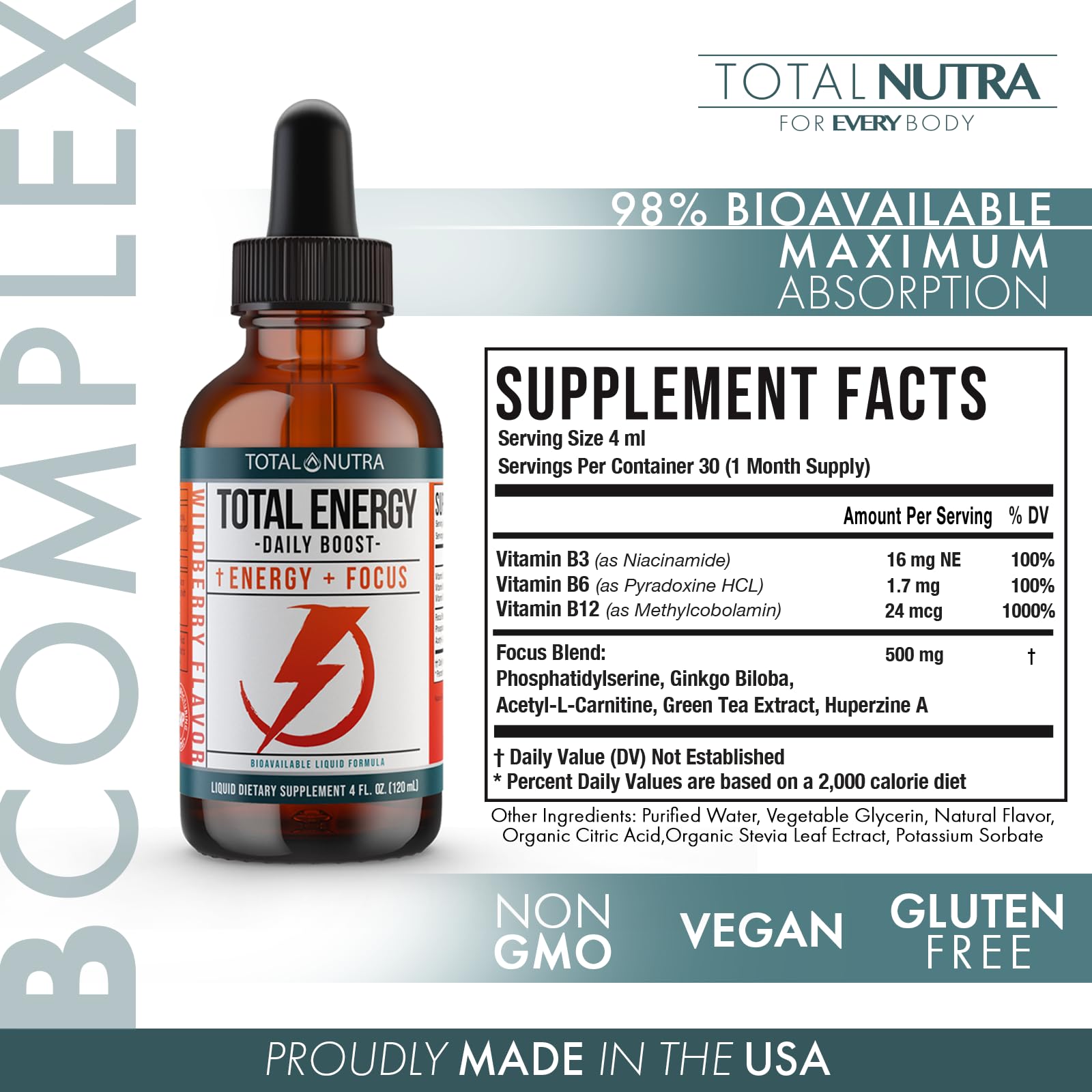 Extra Strength Vitamin B Complex Drops- B Vitamins B12, B6, B3- Vegan and Non GMO Total NutraAu supplements