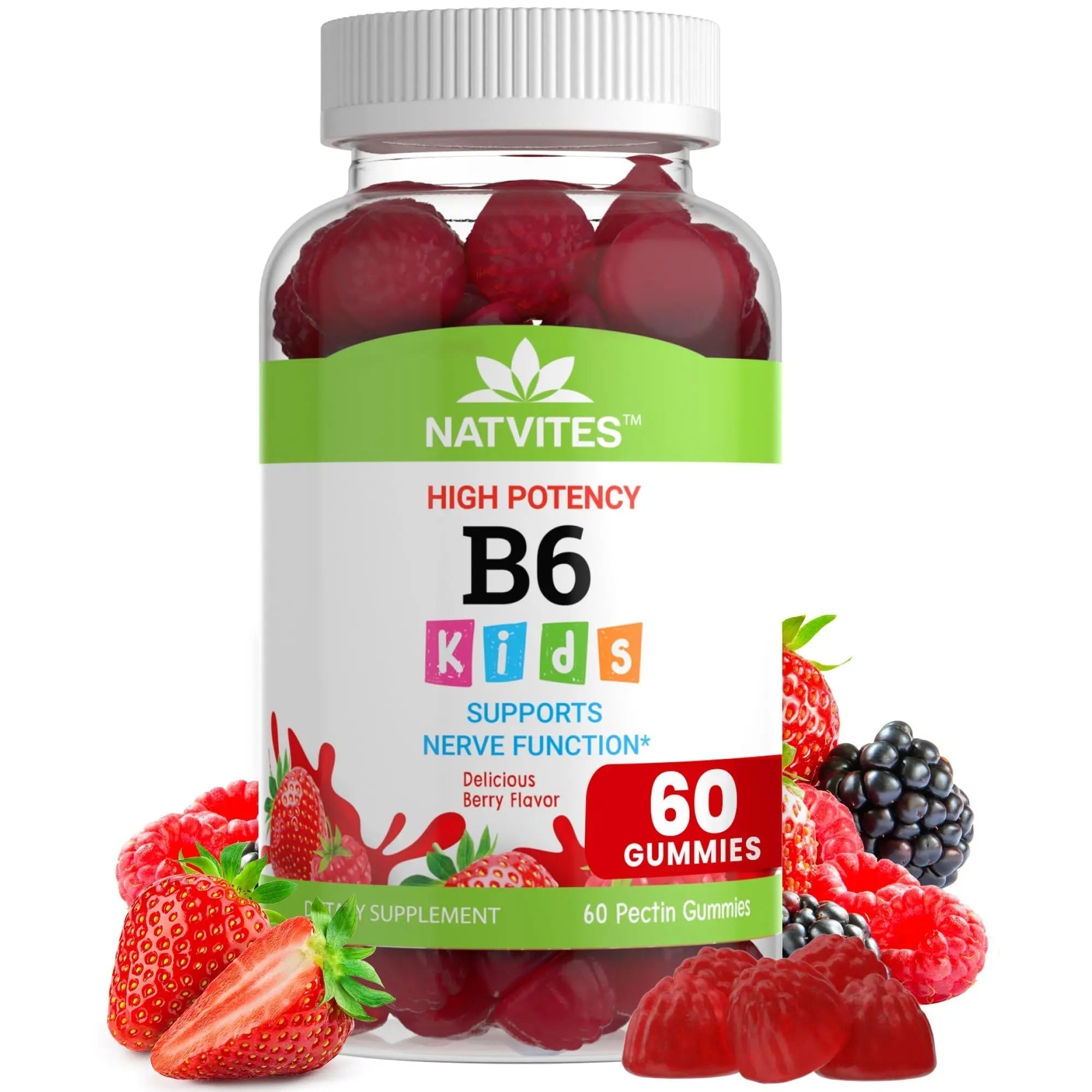 Natvites High-Potency Vitamin B6 Gummies for Kids - Delicious Berry Flavored VIT B6 Vitamins 50mg - Supports Nerve Function - Vegetarian Gluten Free Non-GMO Children's 50 mg B 6 Supplement (60 Count) NatvitesAu supplements