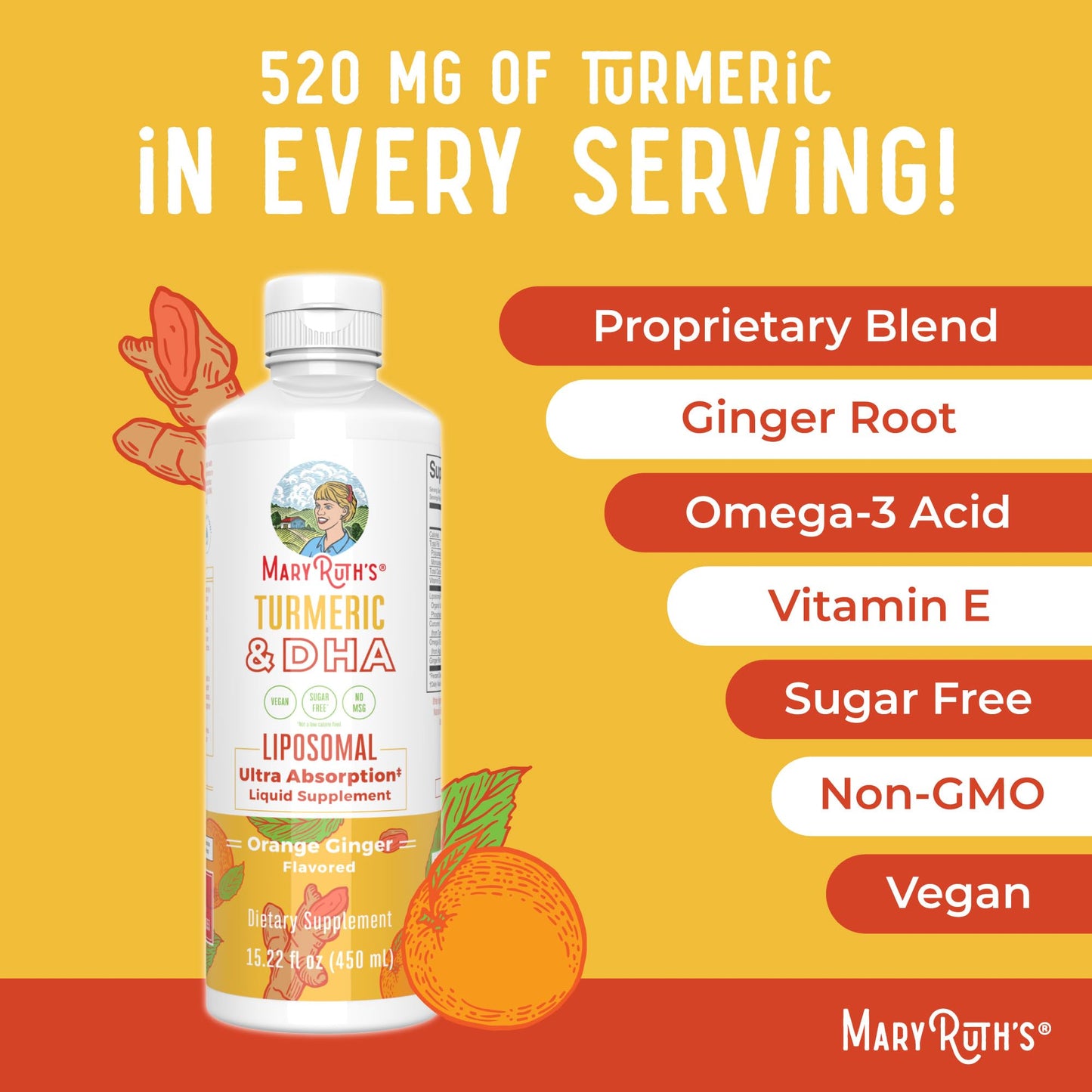 MaryRuth Organics | Liposomal Turmeric & DHA | Curcumin | Ginger Root Oil | Algal DHA & Vitamin E | Cognitive Function | Mood Support | Joint Health | Liquid Supplement | 15.22 oz MARYRUTH'SUS supplements