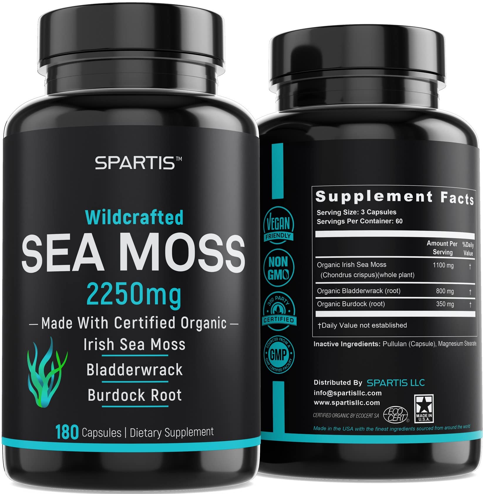 Certified Organic Sea Moss Capsules 2250mg Wildcrafted Irish Sea Moss Burdock Root SPARTISUS supplements