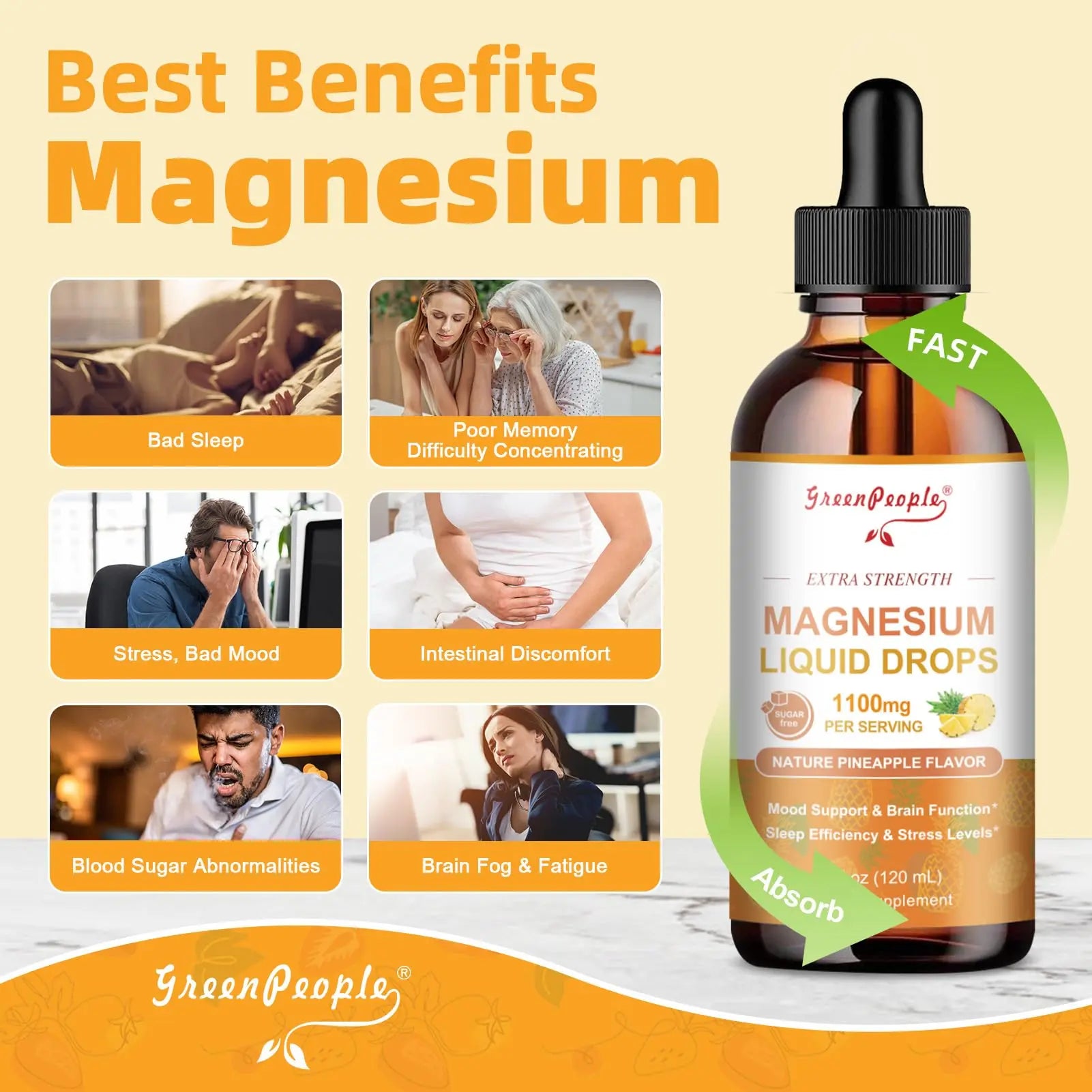 GREENPEOPLE 17-in-1 Triple Magnesium Complex Supplement,Magnesio Liquid Drops with Magnesium Glycinate & Citrate,Pineapple Flavor,Calm Mood,Muscle & Sleep for Adults,4 fl. oz 2Pack GREENPEOPLEnz supplements