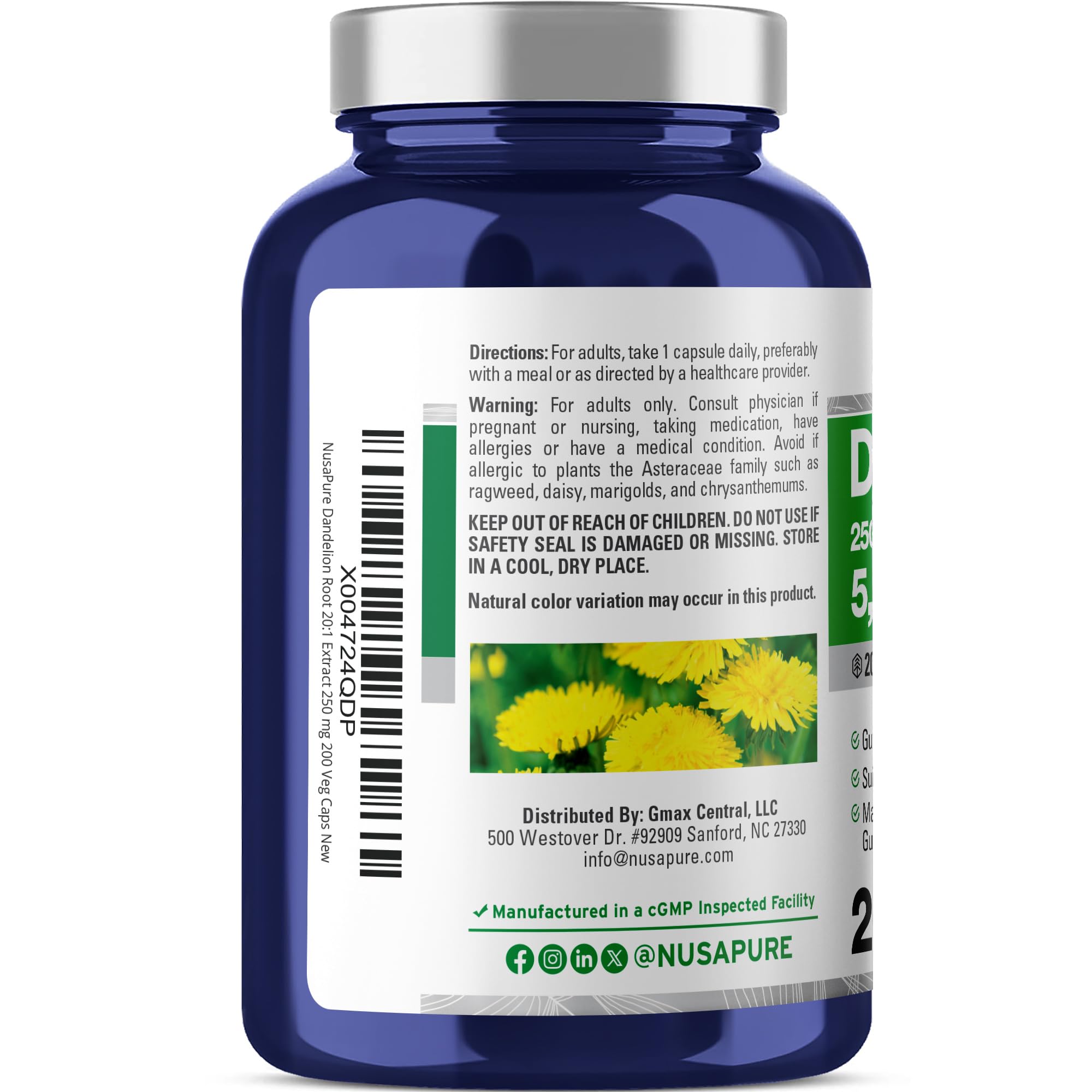 NusaPure Dandelion Root 20:1 Extract, 250 mg Equivalent to 5000mg 200 Veg Capsules (Vegan, Non-GMO) NusaPureAu supplements