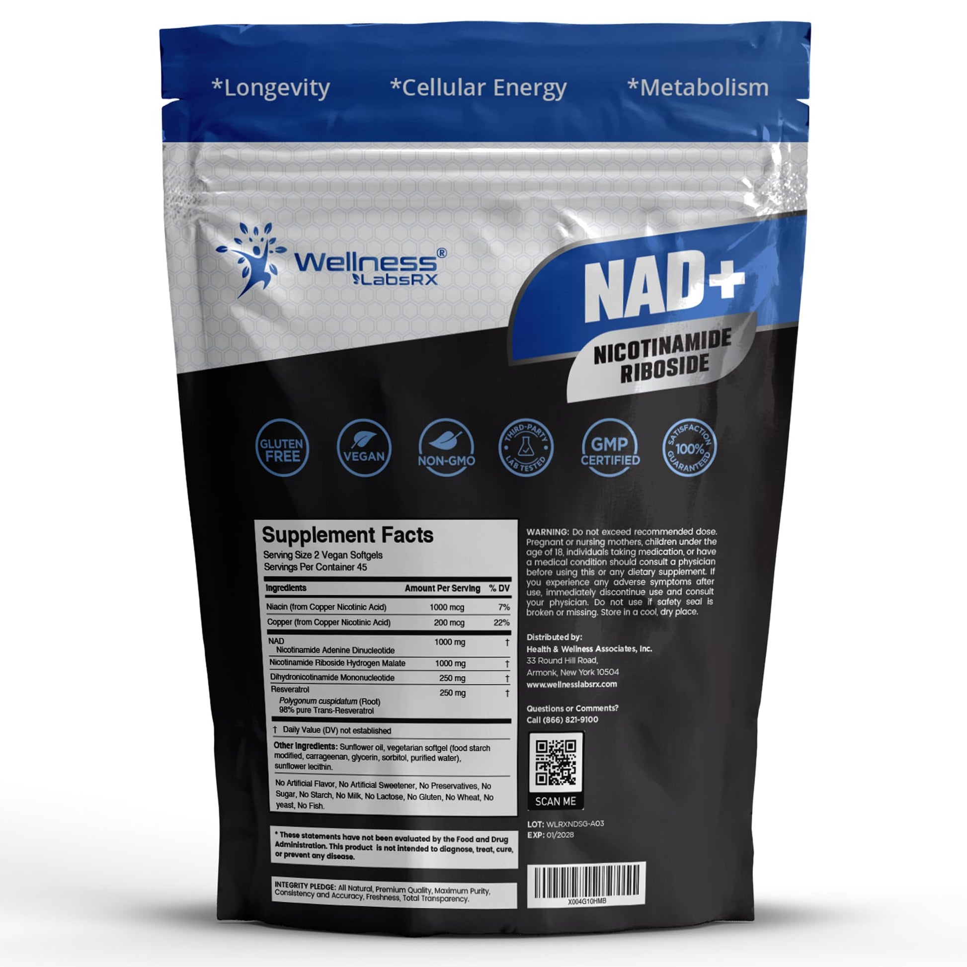 WELLNESS LABSRX NAD+ Supplement - Third-Party Tested NMNH Supplement Softgels, NAD Resveratrol 2500mg NAD Supplements for Anti-Aging, Longevity, and Cellular Health Support - Made in USA WELLNESS LABSRXAu supplements