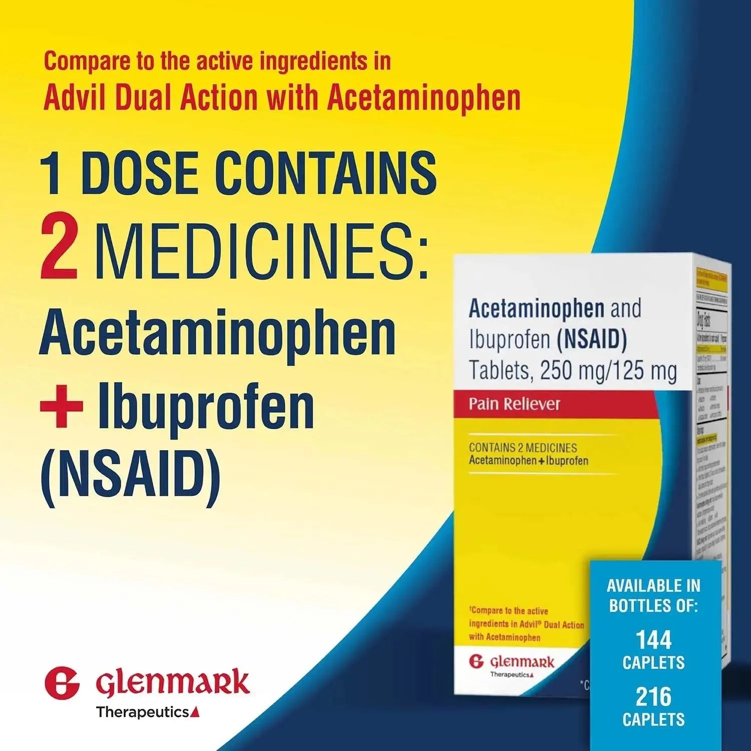 Dual Action Acetaminophen 250mg and Ibuprofen 125mg Caplets, Up to 8h of Pain Relief for Minor Aches and Pain, Headaches, Toothache, Backache, Menstrual Cramps, Minor Arthritis Pain, 216 Count Glenmark TherapeuticsAu supplements
