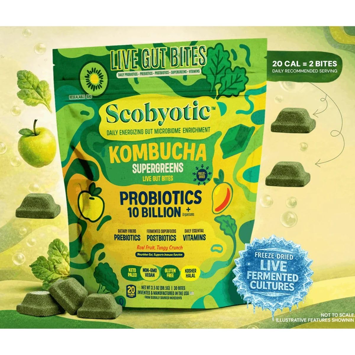 Scobyotic® Kombucha Supergreens Live Gut Bites – 10 Billion CFU Probiotics + Prebiotics & Postbiotics – Kombucha & Supergreens – Freeze-Dried Probiotic Supplement ScobyoticAu supplements