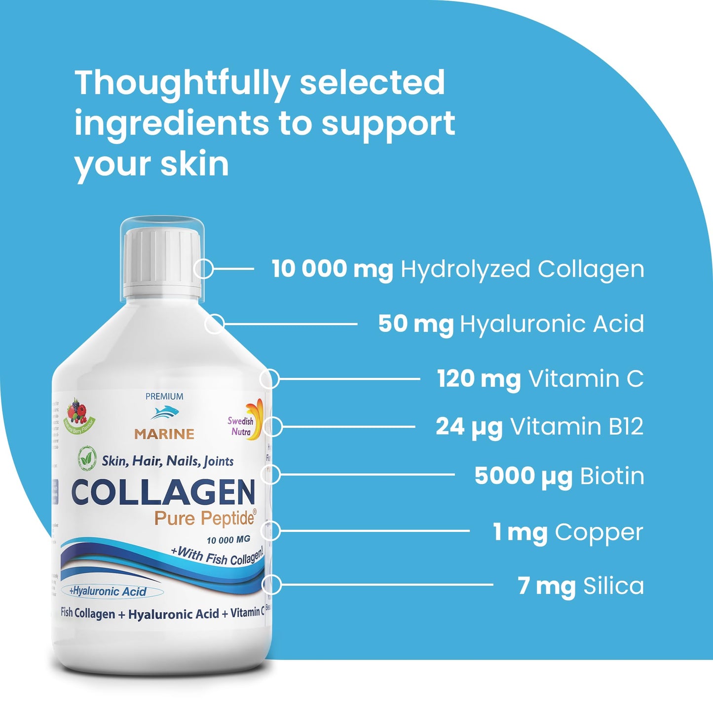 Marine Liquid Collagen 10000mg 500 ml I Pure Hydrolyzed Collagen Peptides Swedish NutraUS supplements