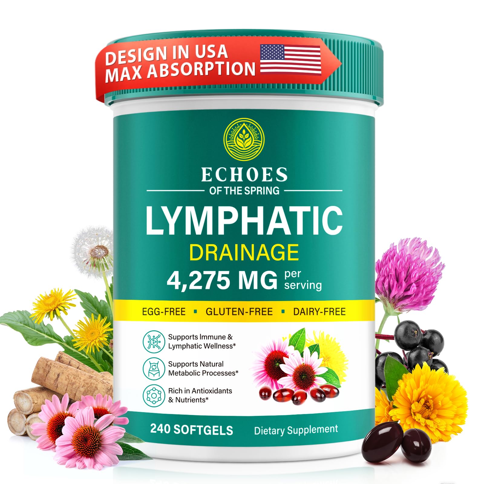 Lymphatic Drainage Supplements, 4275mg Lymph System Support Supplement for Women & Men, Daily Wellness Support, 21-in-1 Herbal Blend with Echinacea, Dandelion, Burdock, Turmeric & More, 240 Softgels Echoes of the springAu supplements