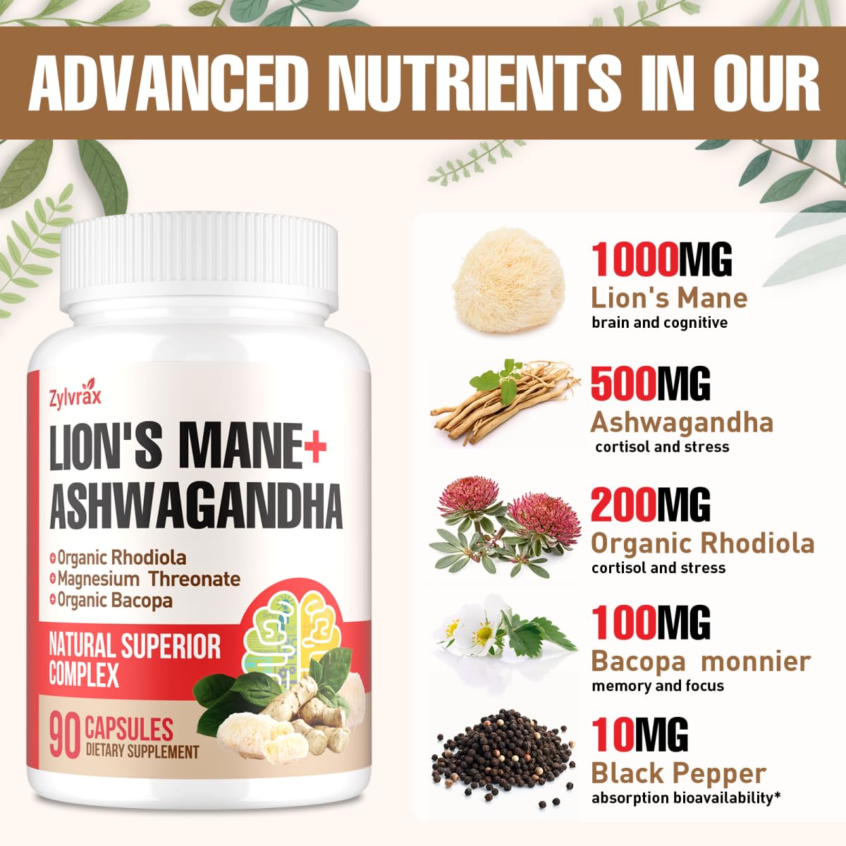Ashwagandha & Lions Mane Supplements Capsules, Brain Supplements for Memory and Focus, Ashwagandha with Rhodiola Rosea for Cognitive, Immune Support, Cortisol Supplements for Women, 90 Capsules ZylvraxAu supplements