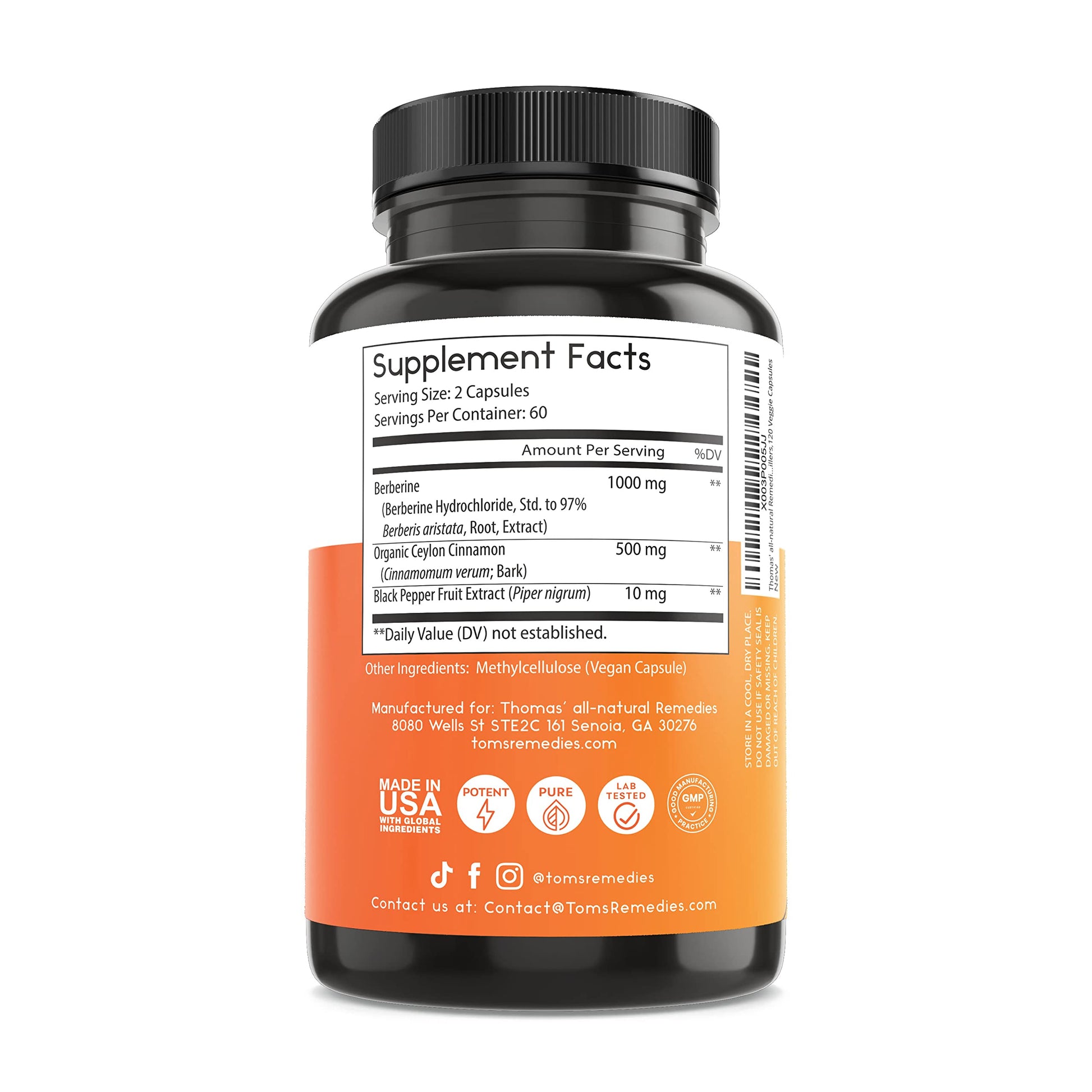 Thomas' all-natural Remedies Berberine 500mg (1000mg Per Serving)- 120 Vegan Capsules Thomas' all-natural RemediesAu supplements