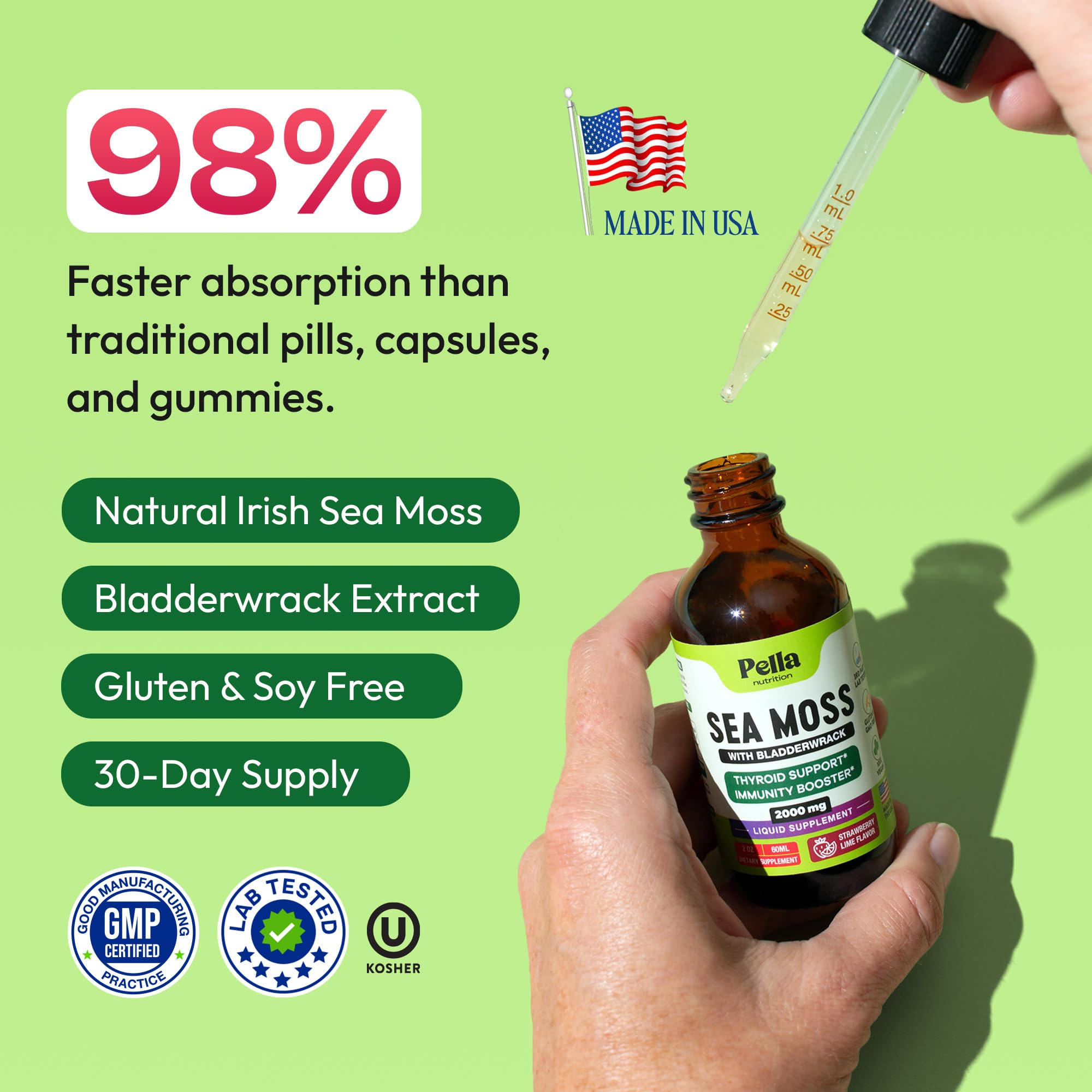 Pella Nutrition Sea Moss Drops with Bladderwrack – 4X Faster Absorption Than Irish Sea Moss Gel Superfood, Gummies, and Capsules – Digestive & Immune Support Supplement (Strawberry Lime, 60mL) Pella NutritionAu supplements