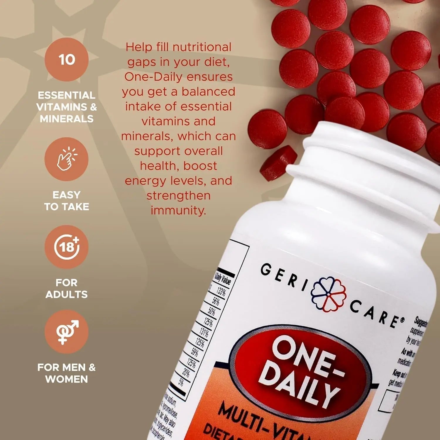 GeriCare One-Daily Multi-Vitamin Tablet, 100 Count Adult Multivitamin Supplement | Easy-to-Take Dietary Supplement with Vitamins A, C, D3, B, Calcium GeriCareAu supplements