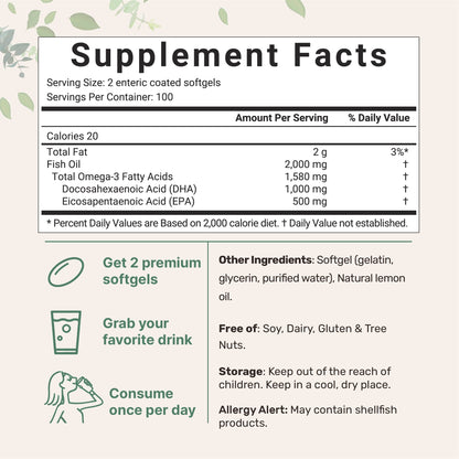 Omega 3 Fish Oil DHA Supplements 1000mg with EPA 500mg, 200 Softgels Micro IngredientsUS supplements