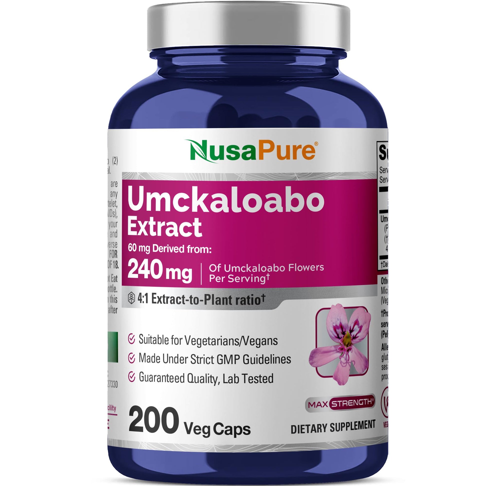 NusaPure Umckaloabo 4:1 Extract, 60 mg Equivalent to 240 mg Veggie Caps 200 Count (Non-GMO, Vegan) NusaPureAu supplements