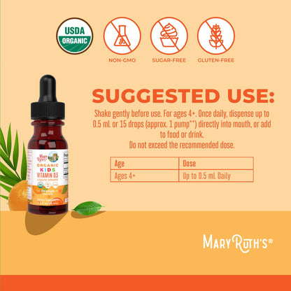 MaryRuth Organics USDA Organic Vitamin D3 Liquid Drops for Kids | 640 IU Vitamin D3 Per Serving | Kids Immune Support & Bone Health Supplement | Formulated for Ages 4-13 | 0.5oz | 30 Servings MARYRUTH'SUS supplements