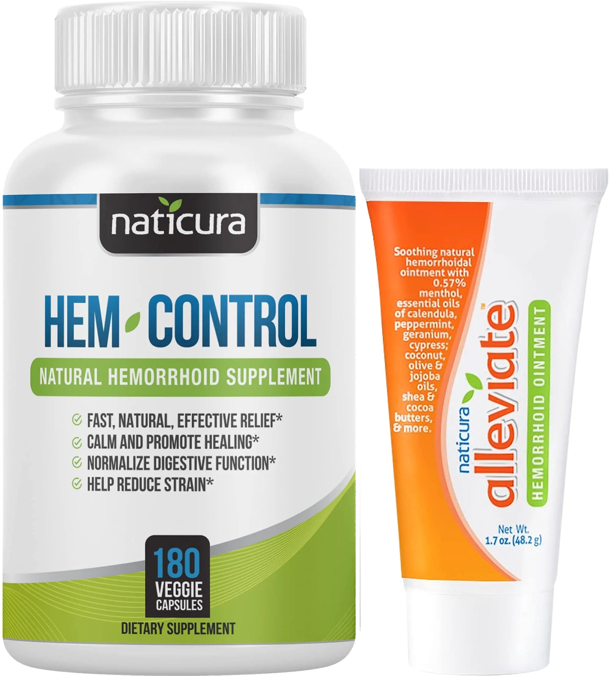 Naticura Bundle - Hem-Control Vegan Digestive Support Supplement (180 Count) and Alleviate Natural Hemorrhoid Relief Cream for Burning, Itching and Swelling (1.7 oz) Plus 2 Travel-Size Tubes NaticuraAu supplements