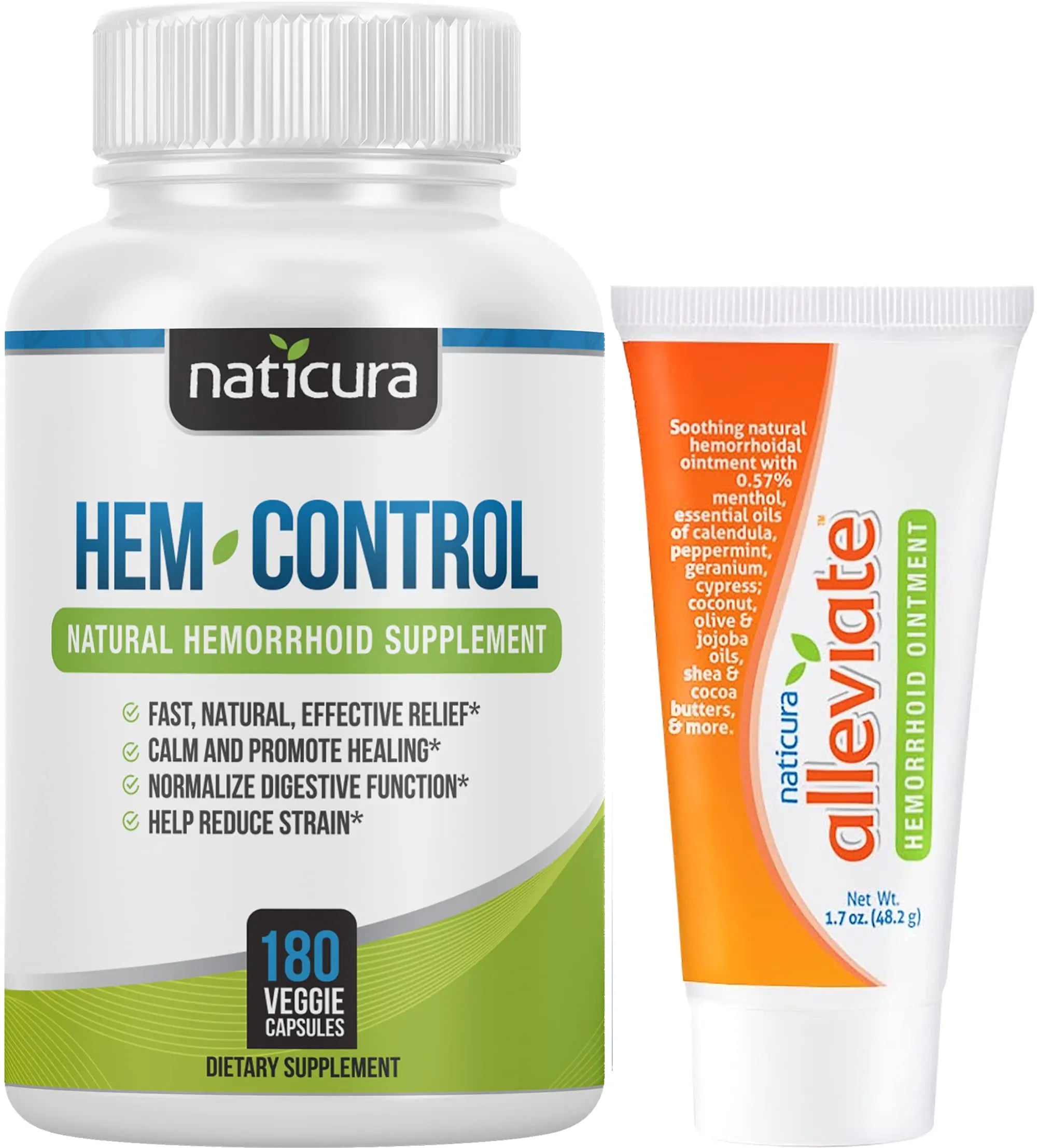 Naticura Bundle - Hem-Control Vegan Digestive Support Supplement (180 Count) and Alleviate Natural Hemorrhoid Relief Cream for Burning, Itching and Swelling (1.7 oz) Plus 2 Travel-Size Tubes NaticuraAu supplements