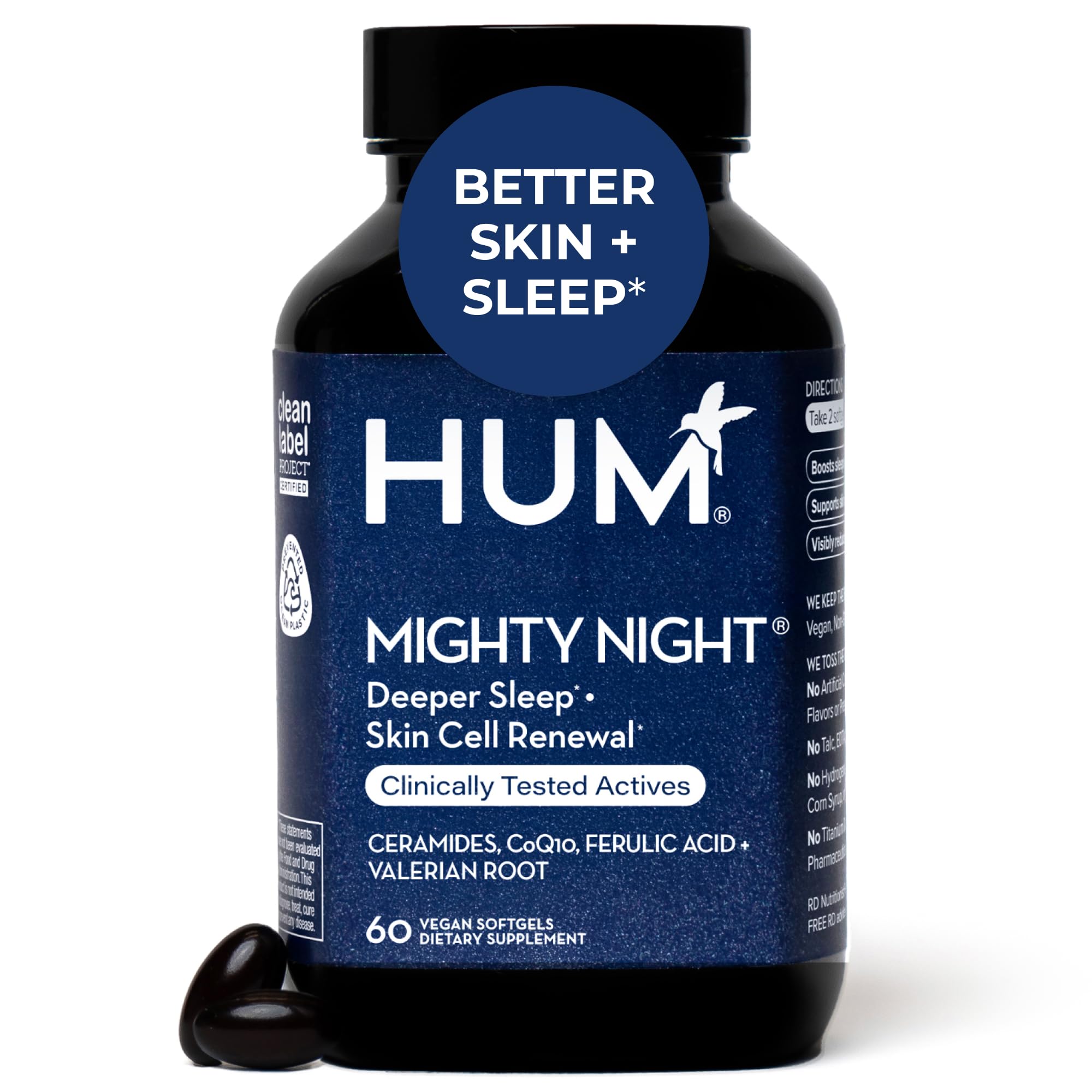 HUM Mighty Night Nighttime Sleep Supplement for Skin Care, CoQ10, Valerian Root & Ferulic Acid to Support Cell Turnover, Skin Vitamins for Women and Men, Overnight Beauty Vitamins, 60 Vegan Softgels HUMUS supplements