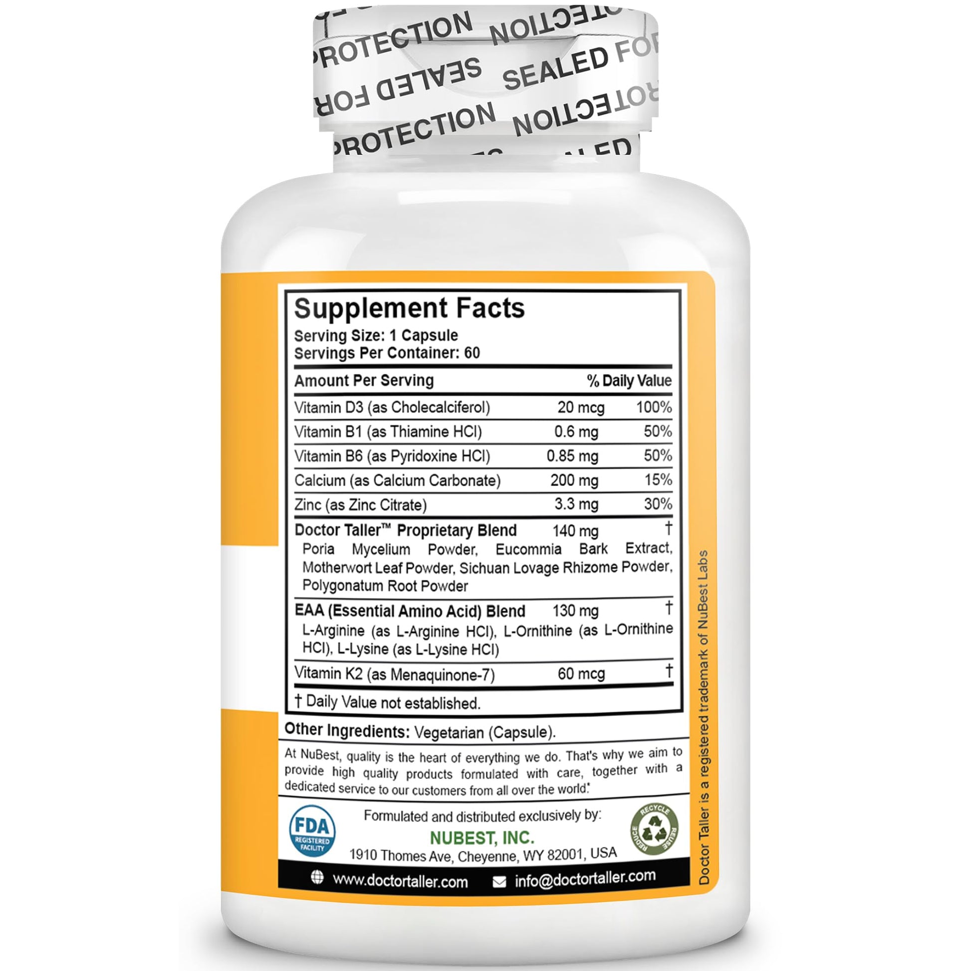 NuBest Doctor Taller - Bone Strength Supports, Enhance Immune System - Keto with Calcium, Vitamin D3, Vitamin K2, Amino Acids & Herbs for Children (8+) - 60 Vegan Capsules | 1 Month Supply NuBestAu supplements