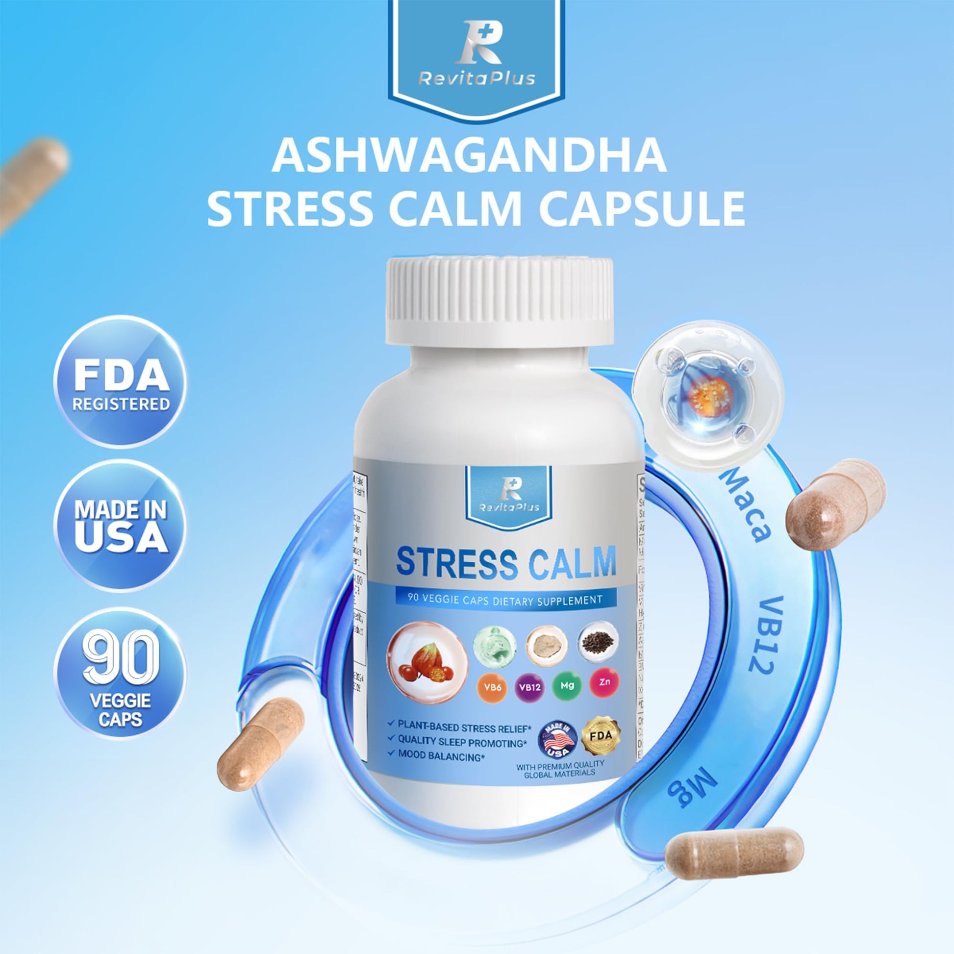 RevitaPlus 8-in-1 Ashwagandha Supplements with B12 B6 Magnesium Maca Zinc Folate, Cortisol Supplements for Women and Men Supports Stress Relief, Sleep, Energy, Focus(90 Capsules) RevitaPlusAu supplements