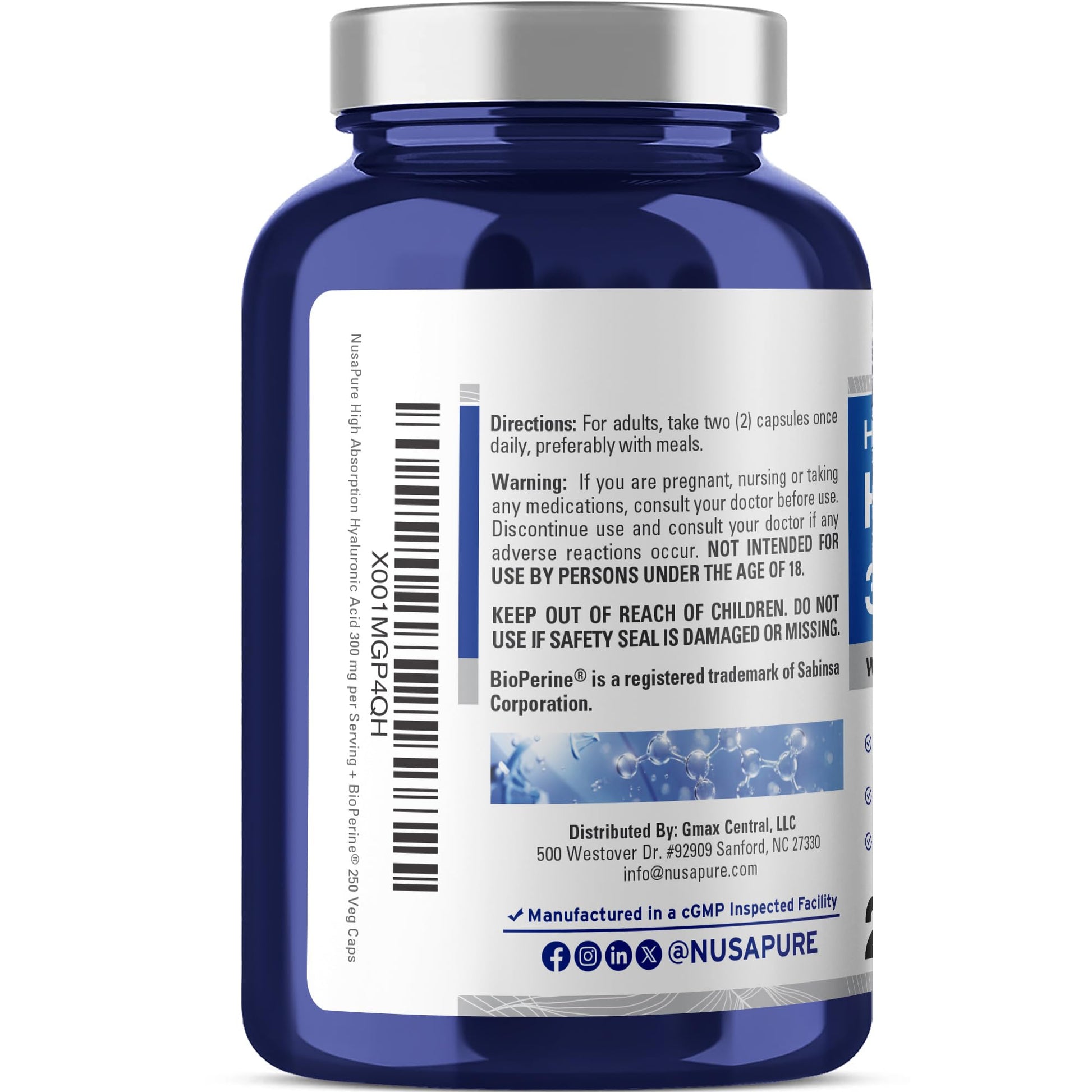 NusaPure Hyaluronic Acid 300mg 250 Veggie Capsules (Non-GMO, Vegan) NusaPureAu supplements