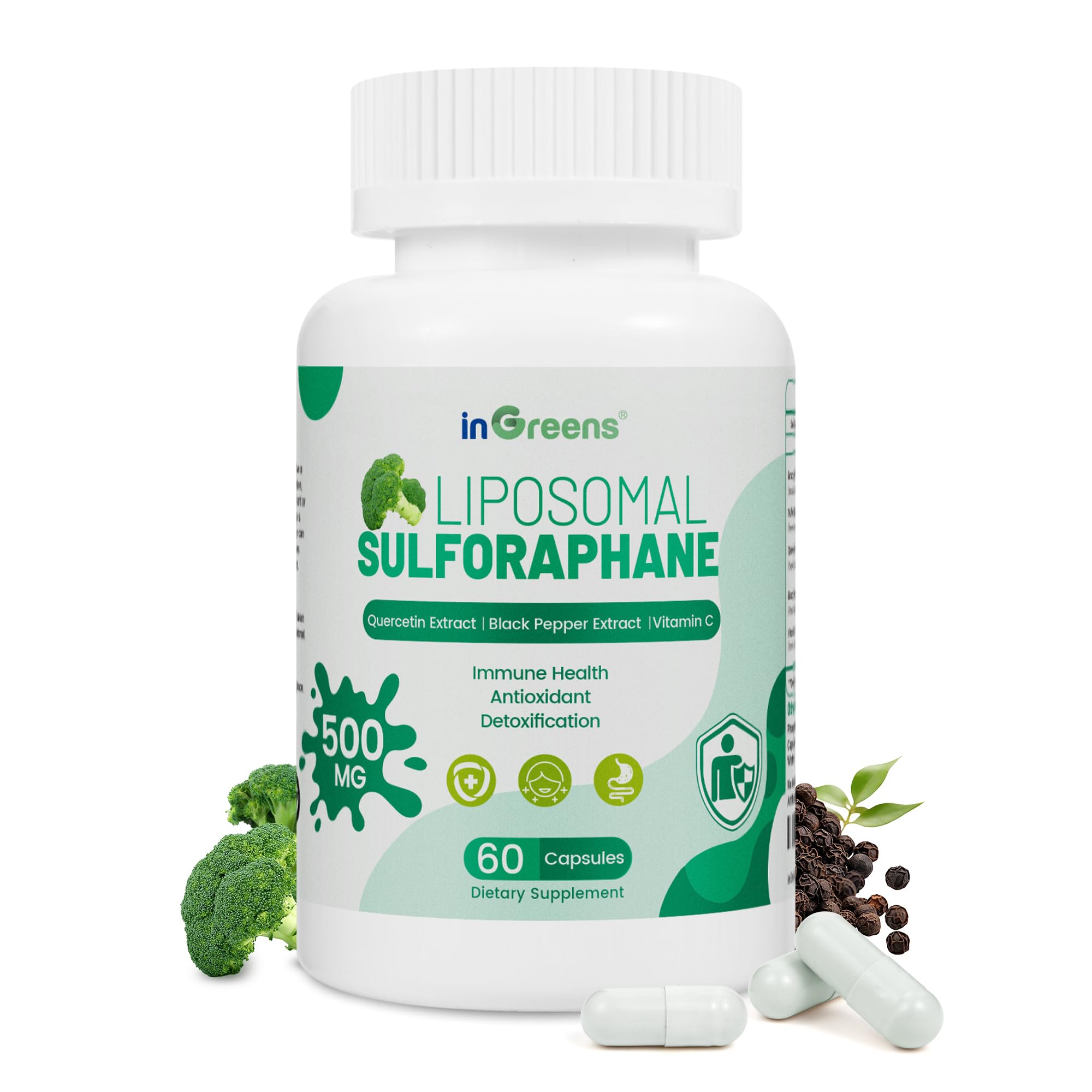 Liposomal Sulforaphane 500mg Supplement from Broccoli Extract with Quercetin, Black Pepper & Vitamin C – Antioxidant, Detox & Cellular Support, Cellular Health Formula for Men & Women, 60 Capsules inGreensAu supplements