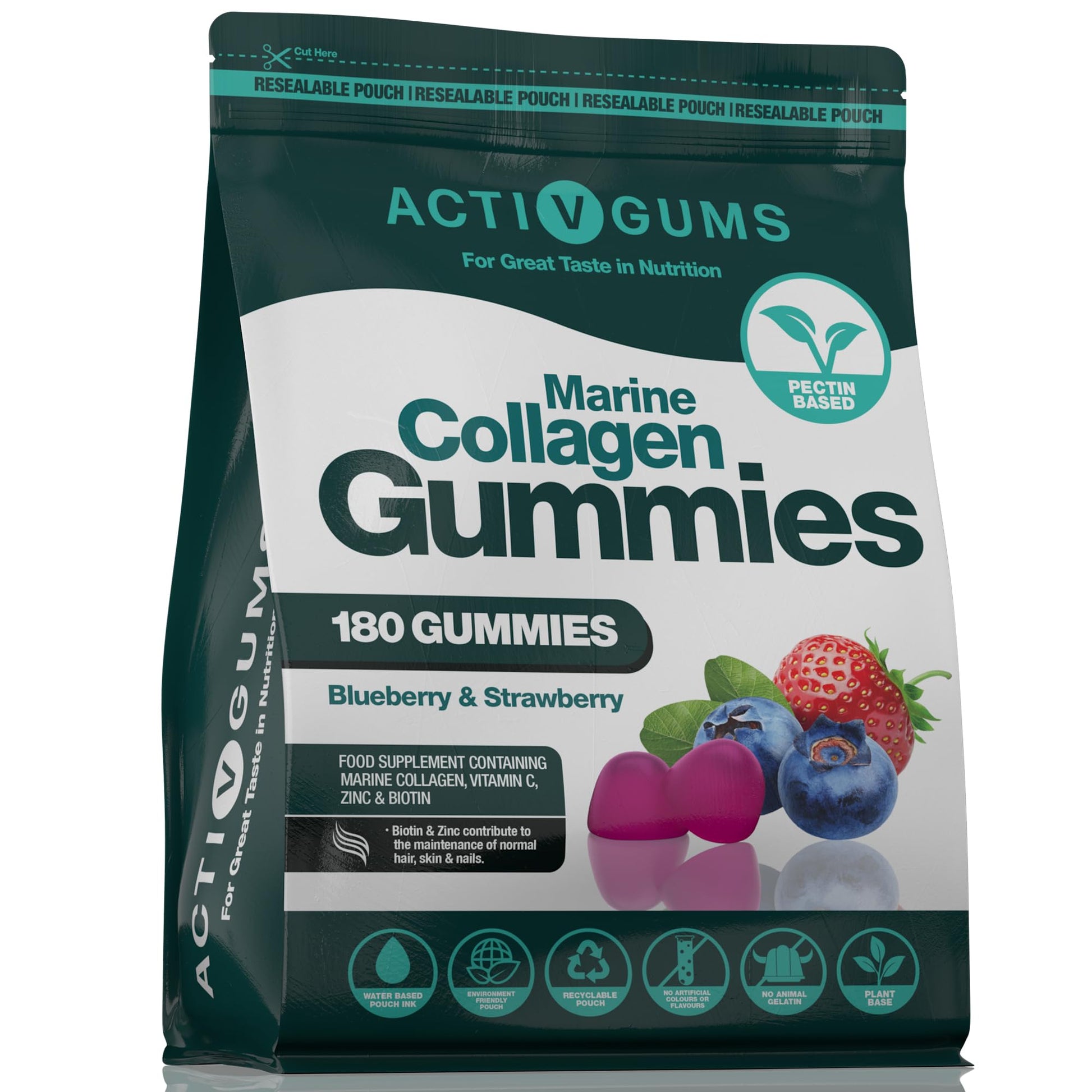 Marine Collagen Complex 180 Gummies. Strawberry & Blueberry Flavour. Resealable & Recyclable Pouch. Contains Marine Collagen, Vitamin C Activ GumsAu supplements