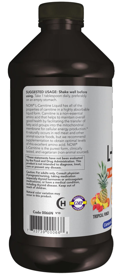 NOW Sports Nutrition, L-Carnitine Liquid 1,000 mg, Highly Absorbable, Tropical Punch NOWUS supplements