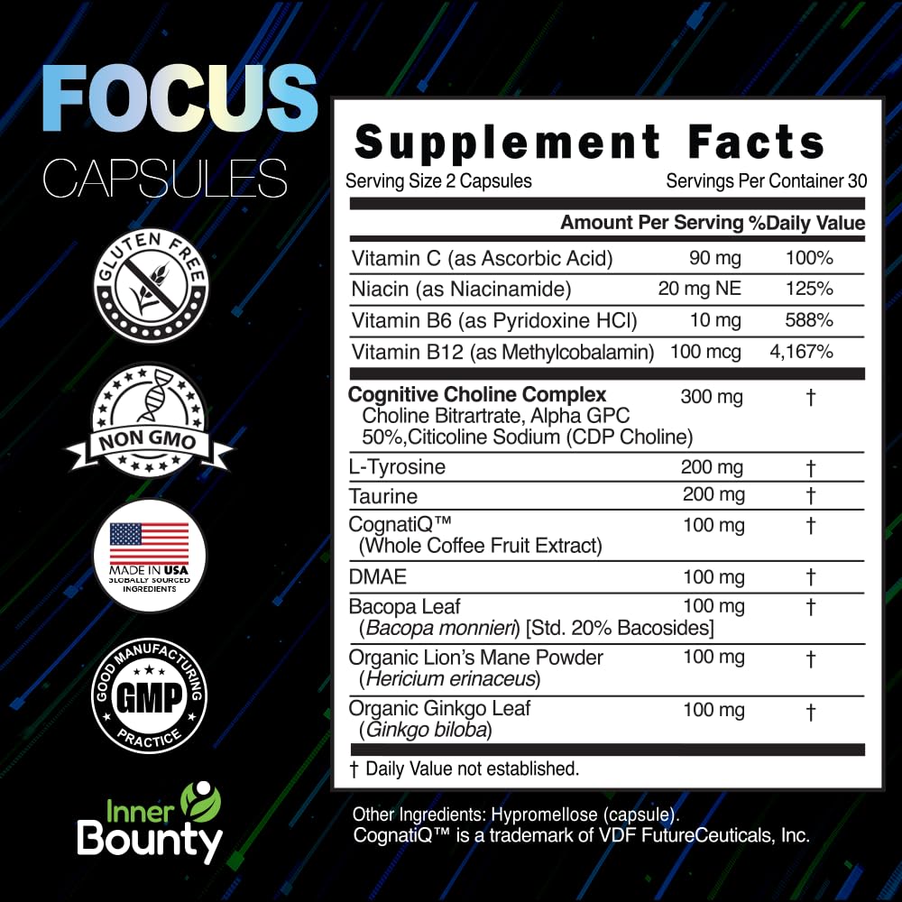 Inner Bounty Focus 14-in-1 Nootropic Brain Supplement with Lions Mane, Alpha GPC Choline, Vitamin C & B12, Taurine, Bacopa - Energy, Cognitive, Memory Support, 60 Filler Free Capsules Inner BountyAu supplements
