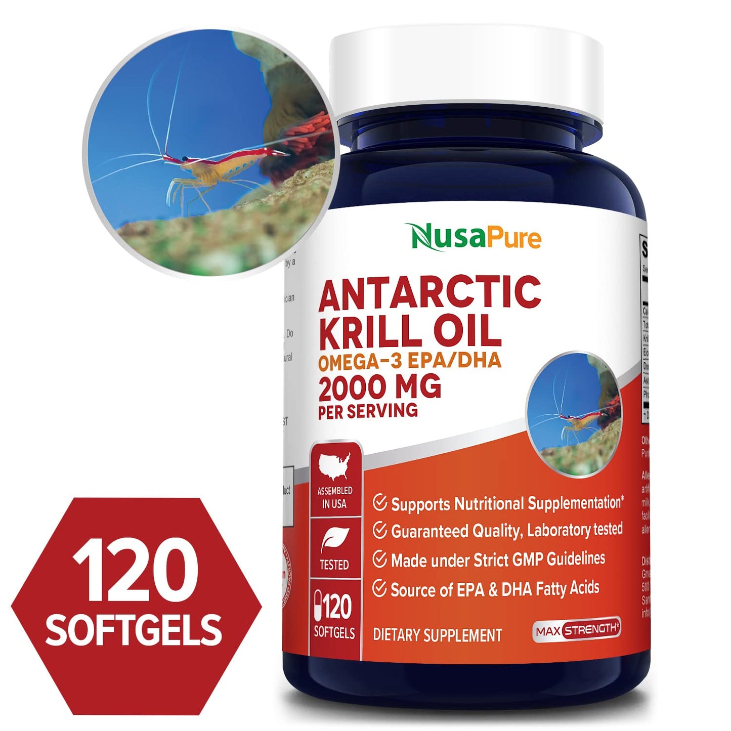 NusaPure Antarctic Krill Oil 2000 mg 120 Softgels, Omega-3 EPA 360mg, DHA 240mg NusaPureUS supplements