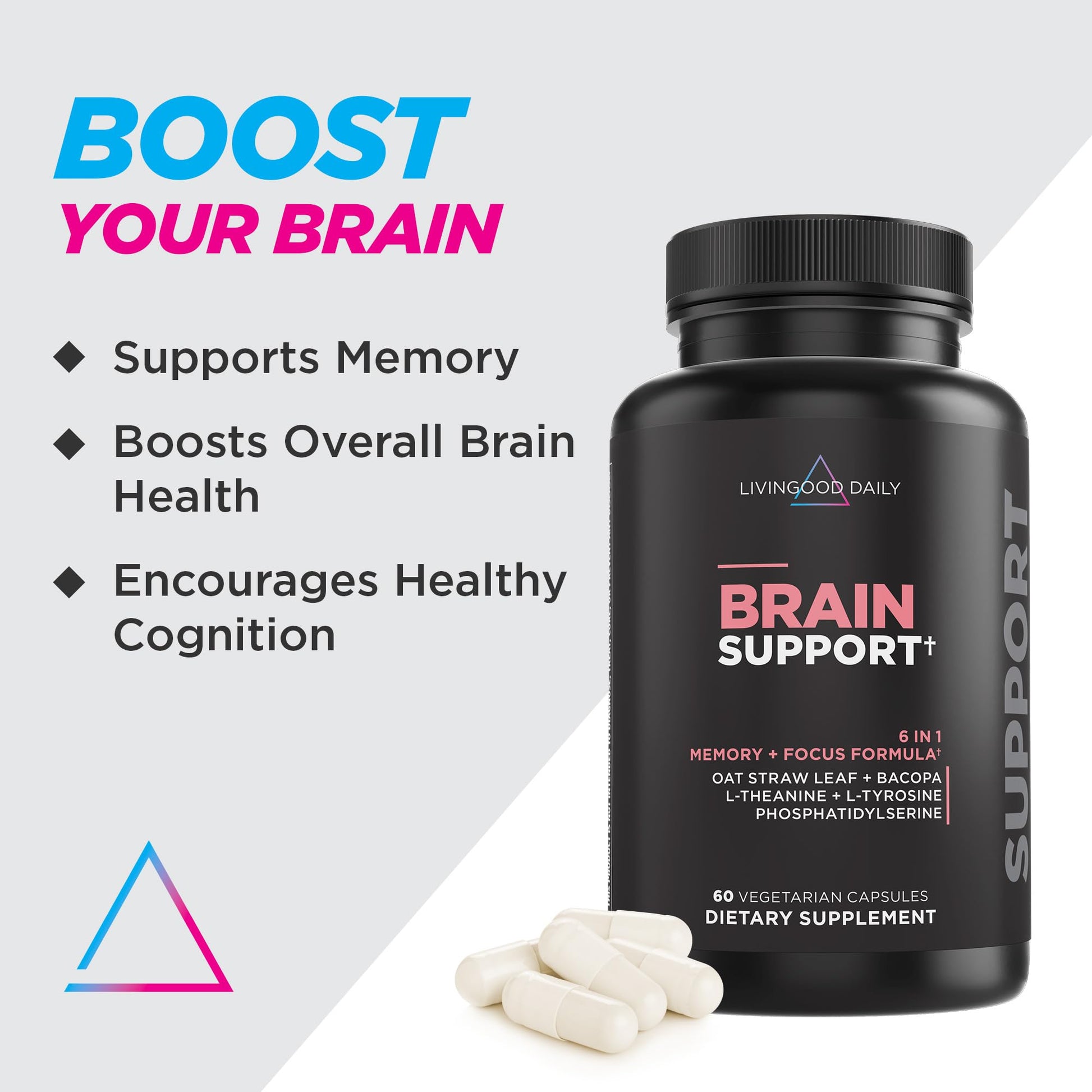 Livingood Daily Brain Supplements for Memory & Focus, Nootropic Pills with Bacopa, L Theanine, L Tyrosine, Amino Acids & More, Cognitive Support for Men & Women, Vegan, Gluten Free, 60 Capsules Livingood DailyAu supplements