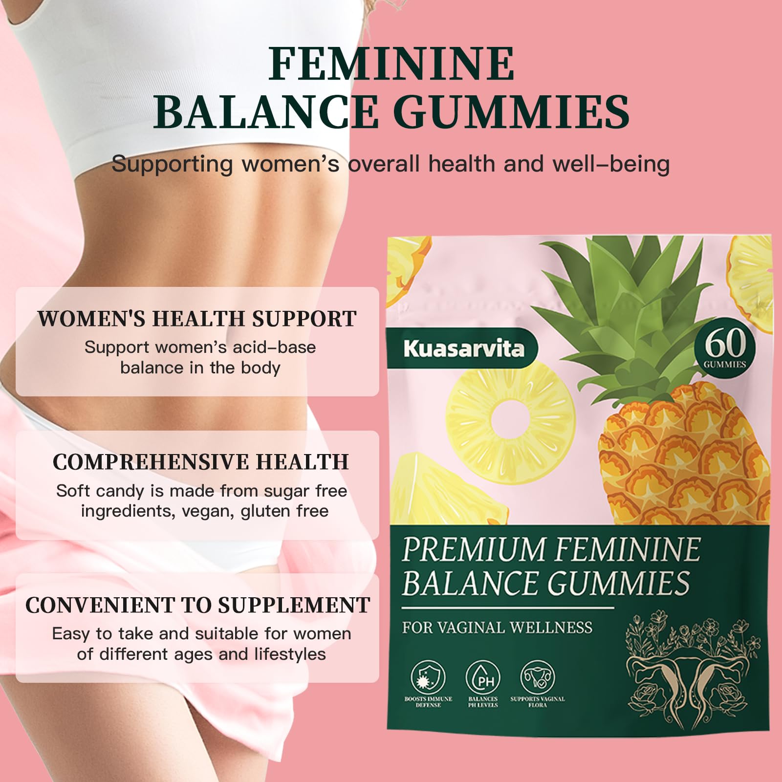 Premium Feminine Balance Gummies,Vital Vaginal Probiotics Source Feminine Gummies,Probiotic Gummies for Prenatal & Postnatal Women - Probiotics for Digestion, pH Balance, Gut Health, Immune Support KuasarvitaAu supplements